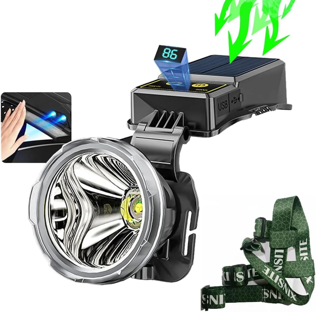 TIMAXSUN Rechargeable Headlamp, Solar Led Super Bright Headlamp, Digital Display and Motion Sensor Head Lamp, Outdoor Waterproof Headlight for Camping, Running, Cycling, Fishing