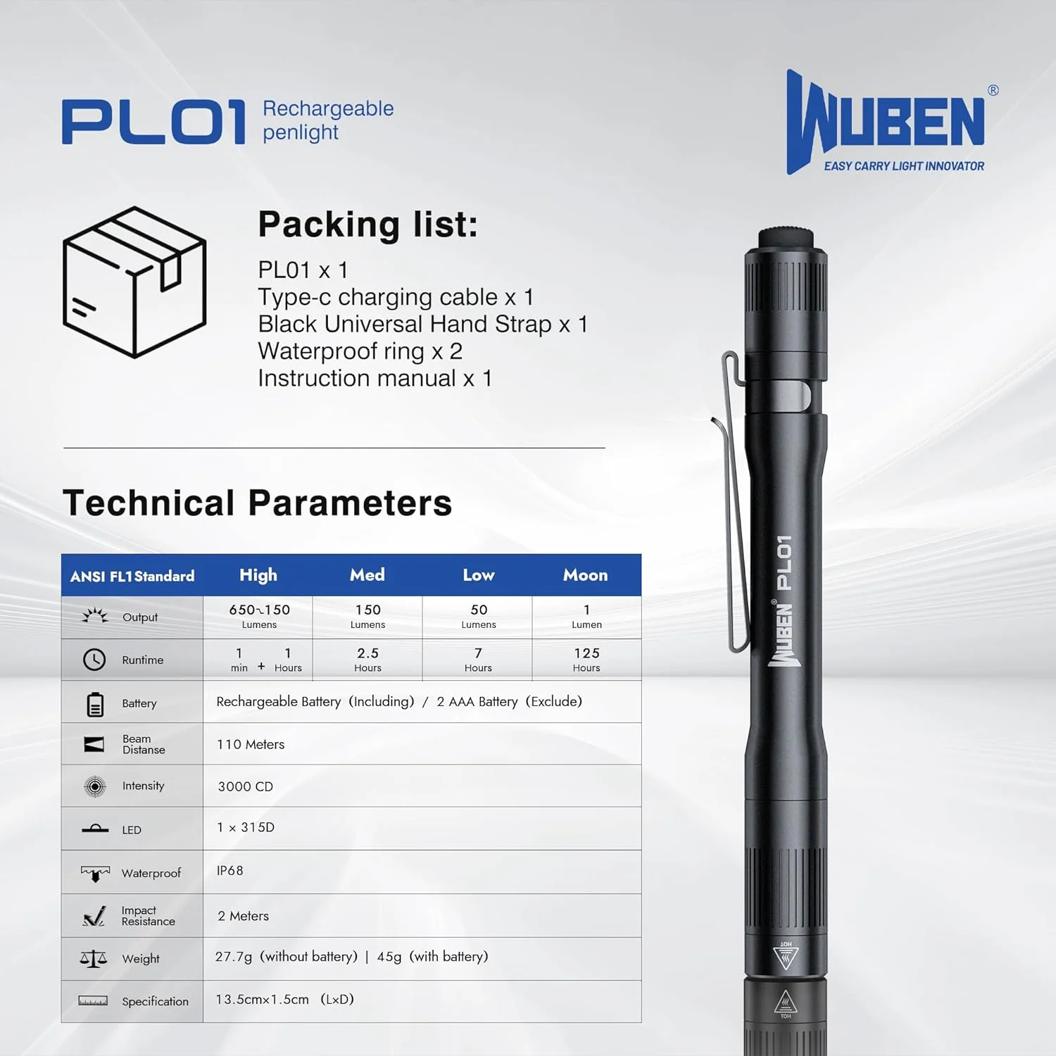چراغ قوه قلمی WUBEN PL01، چراغ قوه LED قابل شارژ 650 لومن، چراغ قوه قلمی جیبی با گیره استیل، سازگار با 2 باتری AAA، ضد آب IP68، چراغ قوه برای خانه، مواقع اضطراری، بازرسی چراغ قوه قلمی WUBEN PL01، چراغ قوه LED قابل شارژ 650 لومن، چراغ قوه قلمی جیبی با گیره استیل، سازگار با 2 باتری AAA، ضد آب IP68، چراغ قوه برای خانه، مواقع اضطراری، بازرسی