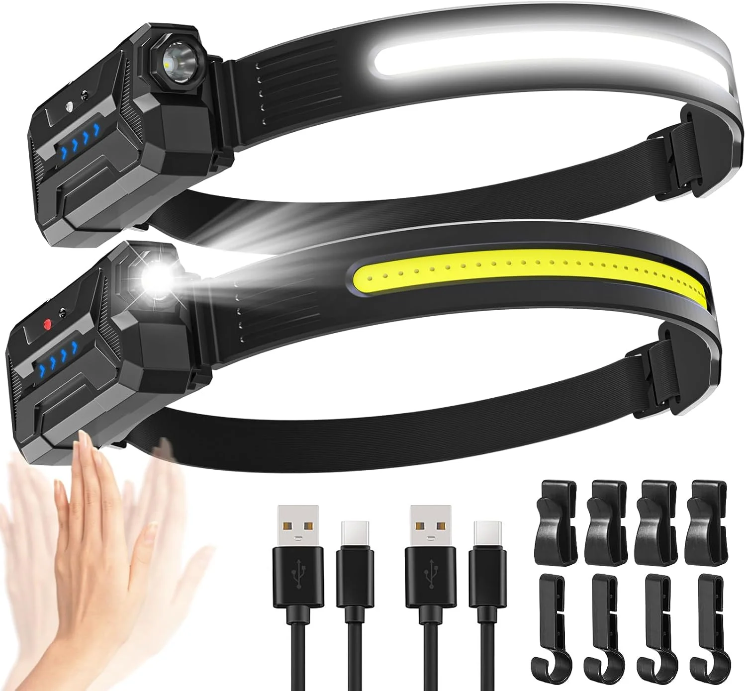 Sogdeco LED Headlamp Rechargeable, 2 Pack 22H Long Lasting Super Bright Head Lamp with 230° Wide Beam & 7 Modes, Waterproof Head Lights for Forehead, Adjustable Headlamps (Grey, 2 Packs)