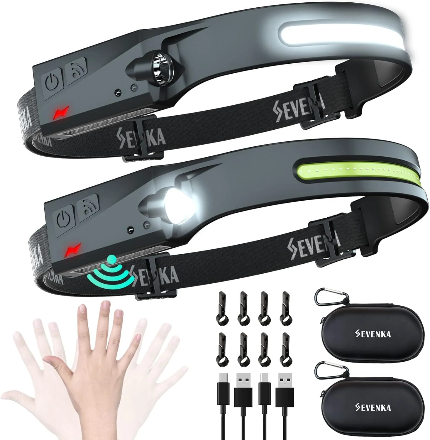 چراغ پیشانی شارژی سون‌کا مدل 2Rechargeable به همراه کیف حمل، چراغ پیشانی LED روشن مناسب فضای باز، پرتو گسترده، نورافکن و نور نقطه‌ای، حسگر حرکتی، 70 گرم وزن سبک، چراغ‌های پیشانی مناسب کلاه ایمنی، کمپینگ، پیاده‌روی