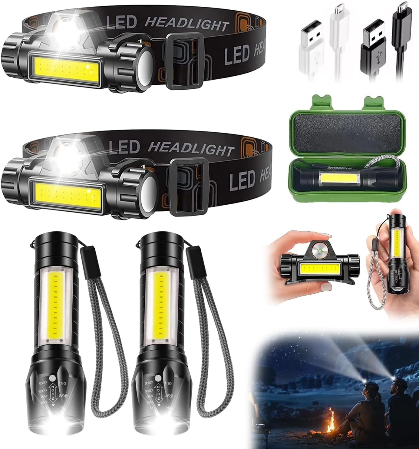 بسته 2 عددی چراغ پیشانی LED شارژی + بسته 2 عددی چراغ قوه XPE+COB، چراغ پیشانی قابل تنظیم و قابل حمل برای اسب سواری، پیاده روی، کمپینگ و سایر فعالیت های فضای باز.