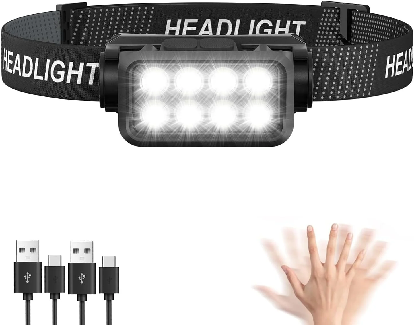 چراغ پیشانی شارژی، چراغ قوه پیشانی فوق العاده روشن 8 LED 2500 لومن با سنسور حرکتی، چراغ پیشانی ضد آب و سبک وزن برای بزرگسالان و کودکان، چراغ های پیشانی برای کمپینگ در فضای باز، دویدن و ماهیگیری