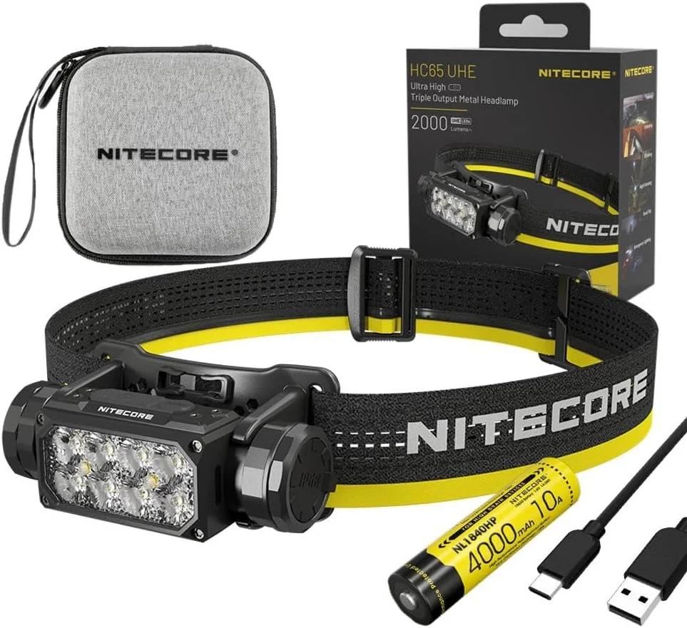 چراغ پیشانی فلزی فوق العاده قوی سه خروجی Nitecore HC65 UHE - 2000 لومن به همراه کیف نگهداری، باتری و کابل USB C اکو سنا