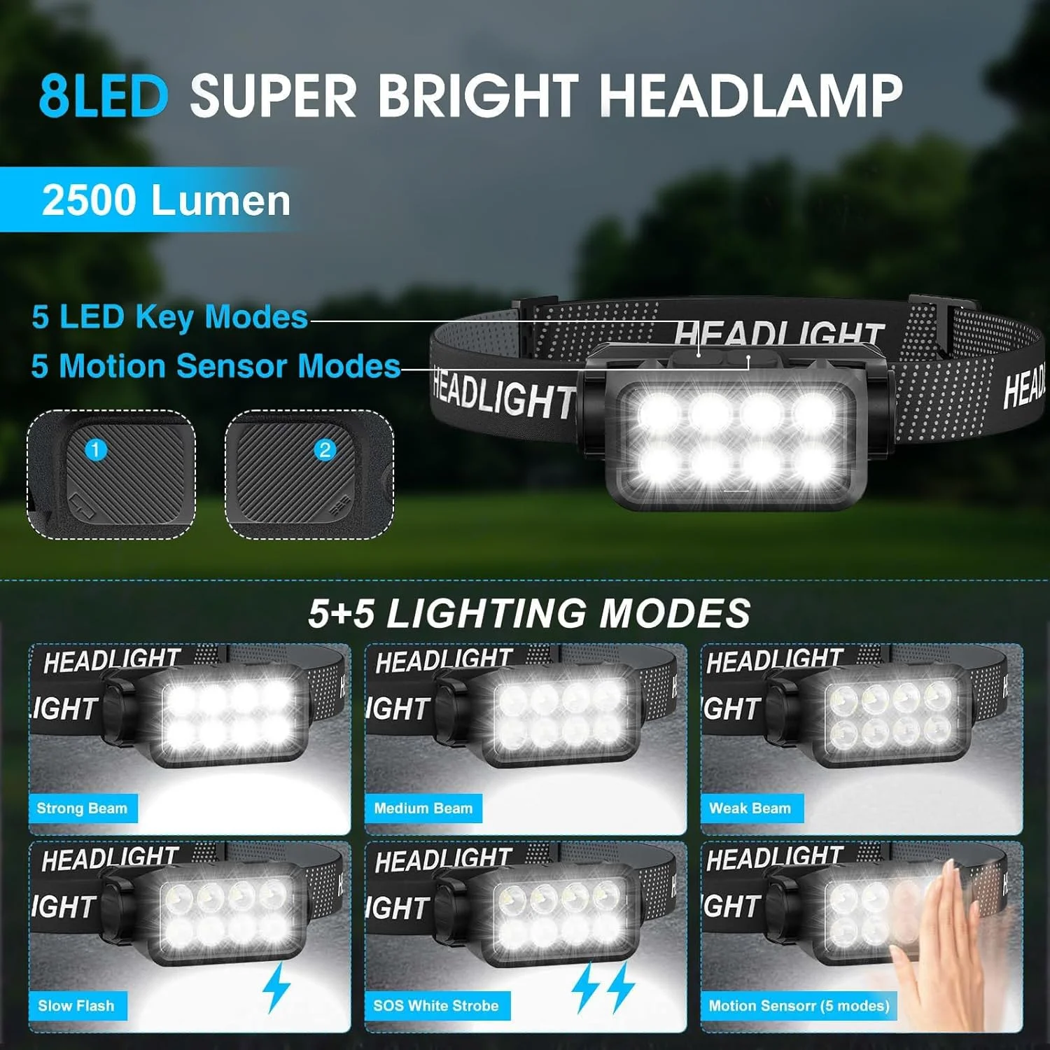 چراغ پیشانی شارژی، چراغ قوه پیشانی فوق العاده روشن 8 LED 2500 لومن با سنسور حرکتی، چراغ پیشانی ضد آب و سبک وزن برای بزرگسالان و کودکان، چراغ های پیشانی برای کمپینگ در فضای باز، دویدن و ماهیگیری چراغ پیشانی شارژی، چراغ قوه پیشانی فوق العاده روشن 8 LED 2500 لومن با سنسور حرکتی، چراغ پیشانی ضد آب و سبک وزن برای بزرگسالان و کودکان، چراغ های پیشانی برای کمپینگ در فضای باز، دویدن و ماهیگیری