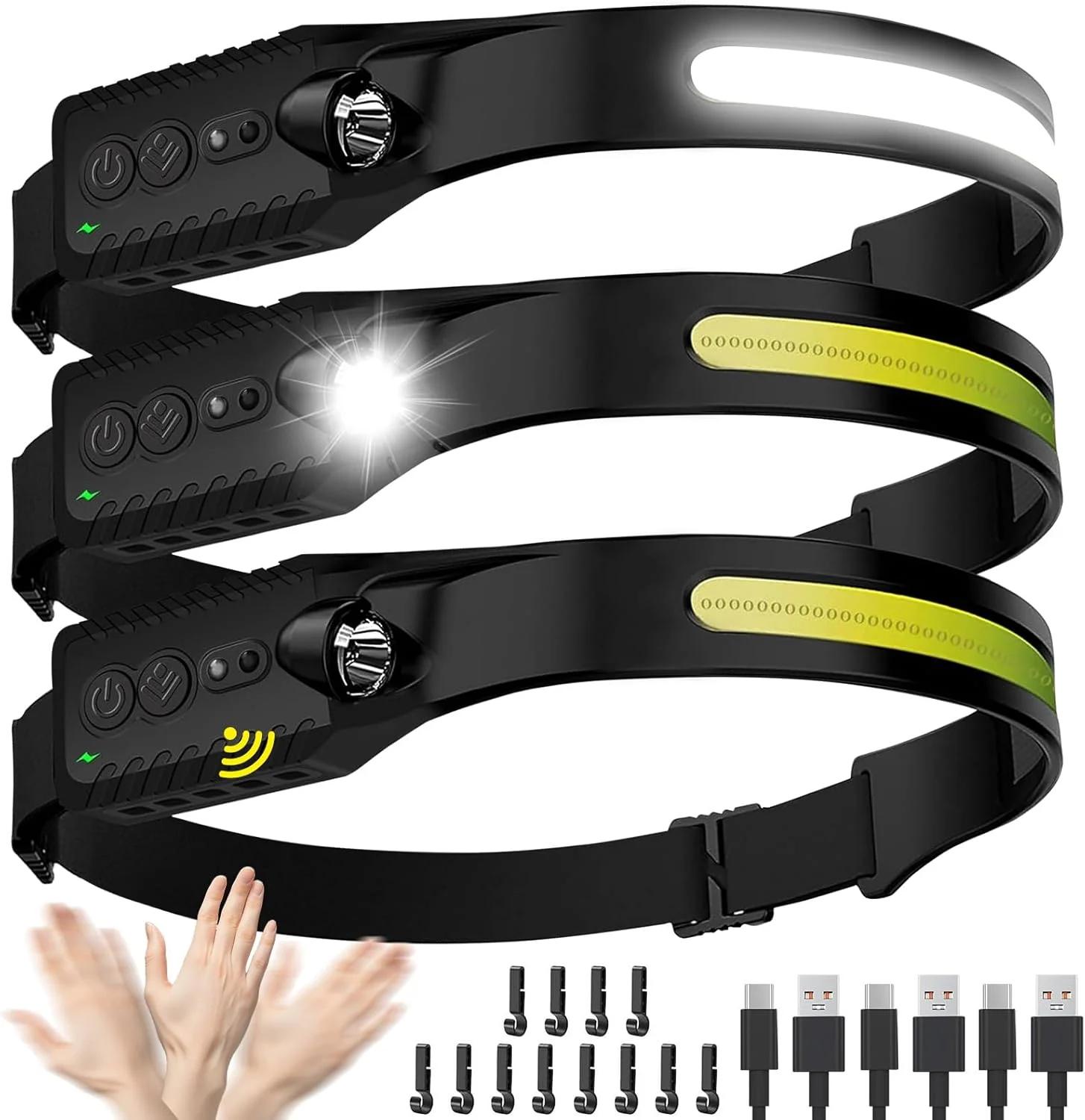 چراغ پیشانی شارژی Nessciera (بسته 3 عددی)، چراغ قوه LED پیشانی، چراغ پیشانی با پرتو گسترده 230 درجه، 400 لومن فوق العاده روشن، چراغ جلو ضد آب، 5 حالت برای دویدن، ماهیگیری، پیاده روی، کمپینگ