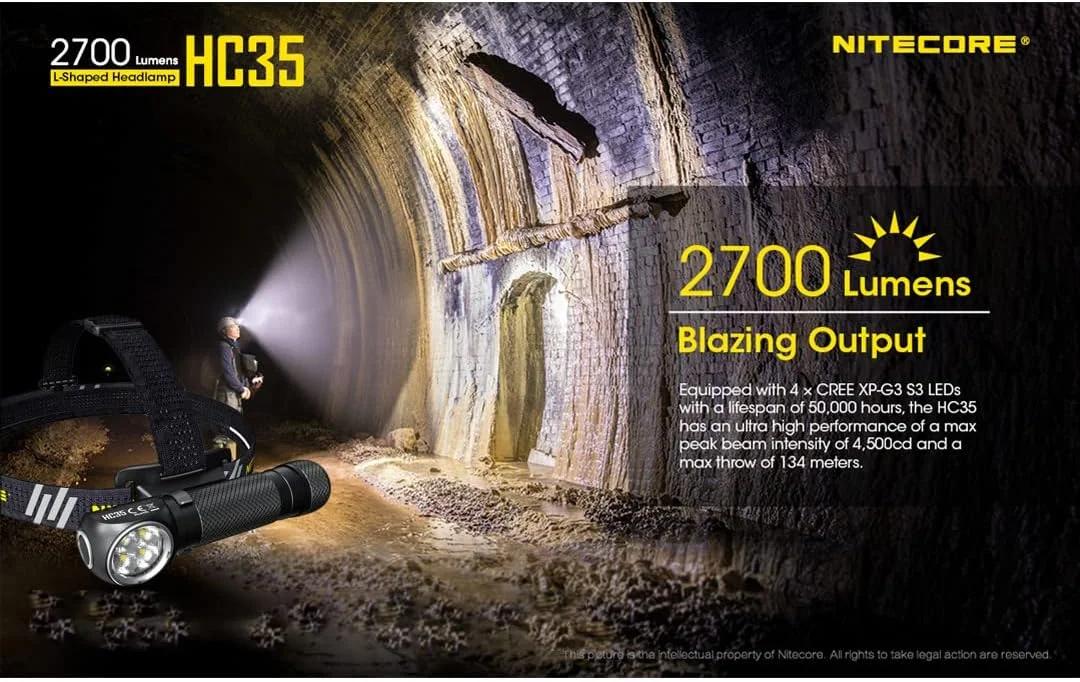 چراغ پیشانی Nitecore HC35 به همراه باتری، 2700 لومن USB قابل شارژ، طراحی L شکل جداشدنی به همراه کیف سازمان دهنده LumenTac