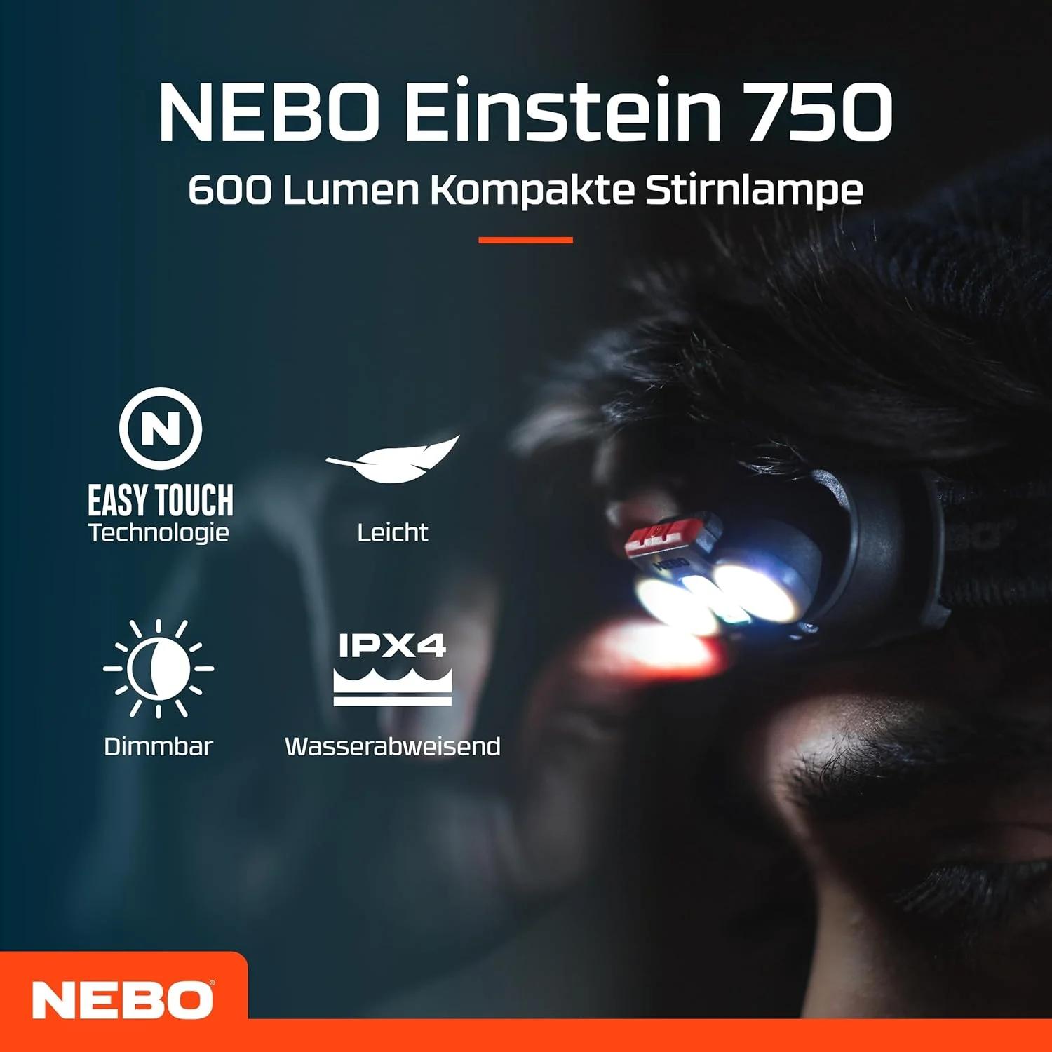 چراغ پیشانی 750 لومن NEBO Einstein | مشکی، با باتری، ضد آب | 5 حالت نور، طراحی جمع و جور و سبک
