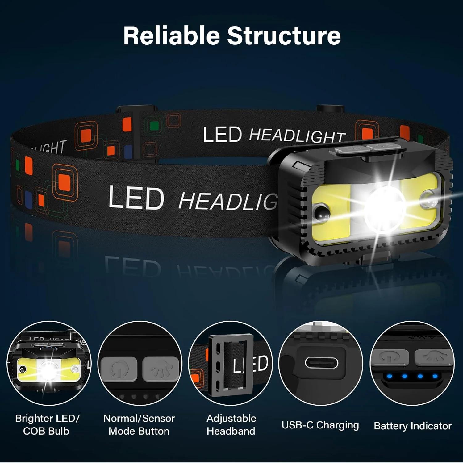 چراغ پیشانی شارژی MIOISY، چراغ قوه LED فوق العاده روشن با نور سفید و قرمز، بسته 2 عددی چراغ پیشانی ضد آب با حسگر حرکتی، 8 حالت نور برای کمپینگ، ماهیگیری، دویدن