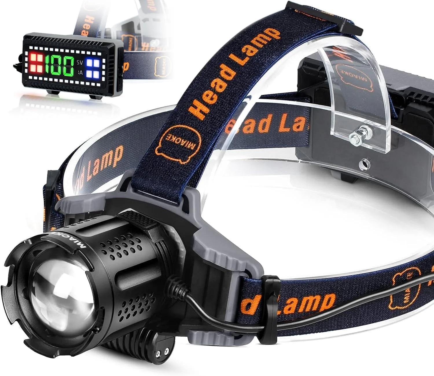 چراغ پیشانی LED MIAOKE، چراغ پیشانی قابل شارژ USB با روشنایی فوق العاده 100000 لومن، ضد آب IPX5، دارای 4 حالت با نشانگر قدرت و چراغ هشدار برای بزرگسالان، مناسب دویدن، کمپینگ در فضای باز، پیاده روی، ماهیگیری/جنگجو