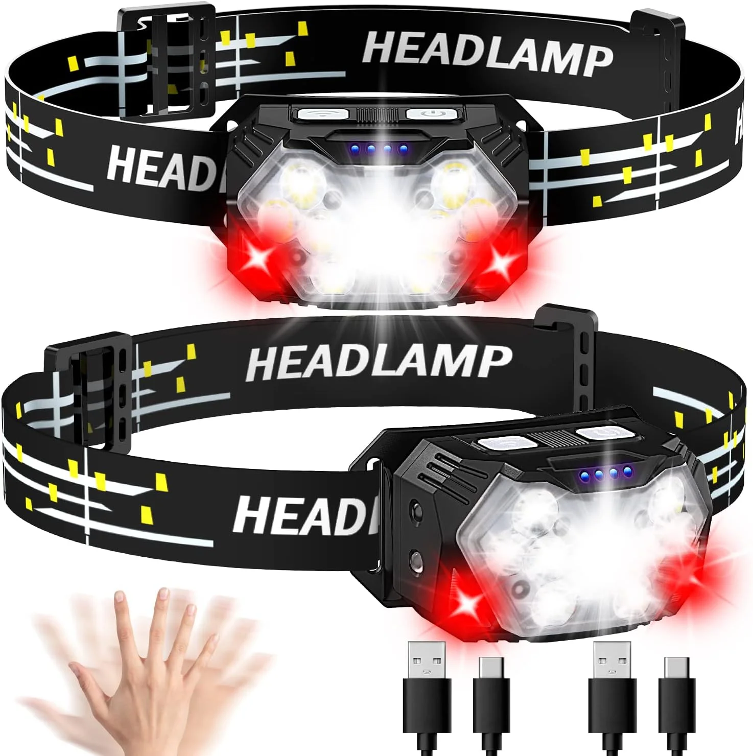 Lsnisni Headlamp LED Rechargeable 2 Pieces, 2000 Lumens Rechargeable Headlamp with Red Light and Motion Sensor, 6 Light Modes, IPX5 Waterproof for Children and Adults Camping, Jogging, Fishing