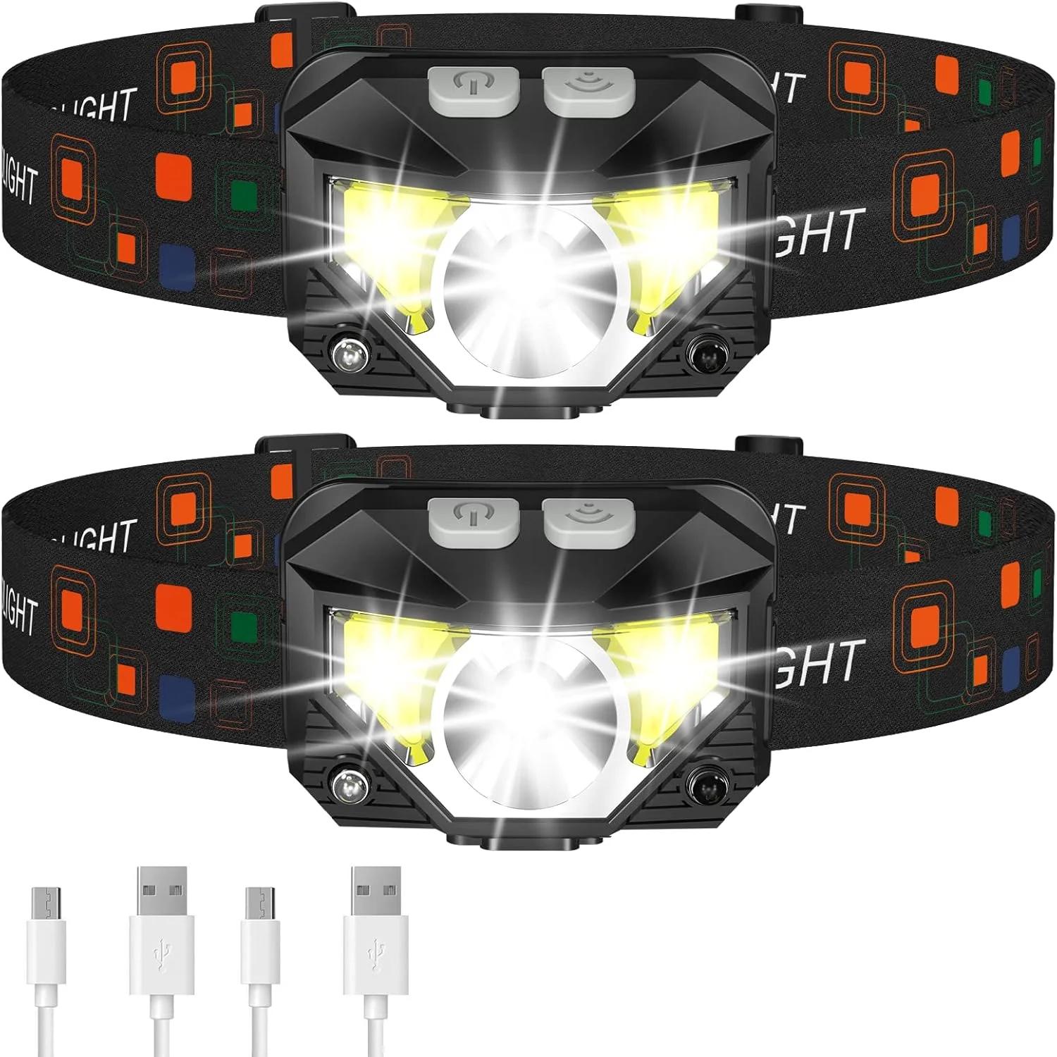 چراغ پیشانی LHKNL، چراغ قوه 1200 لومن فوق العاده سبک و روشن LED قابل شارژ با نور سفید و قرمز، بسته 2 عددی چراغ پیشانی ضد آب با حسگر حرکتی، 8 حالت برای کمپینگ در فضای باز، دویدن، پیاده روی، ماهیگیری