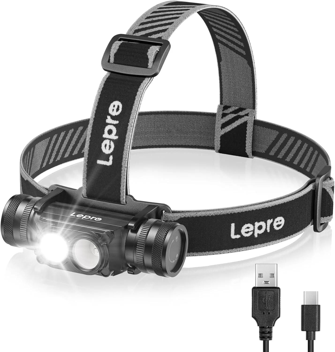 چراغ پیشانی شارژی Lepro، چراغ سر سبک وزن جداشدنی 2 در 1 با IP65 ضد آب، 180 درجه قابل تنظیم، 6 حالت روشنایی، زمان کارکرد طولانی، چراغ های قرمز، چراغ جلو LED آلیاژ آلومینیوم برای کمپینگ