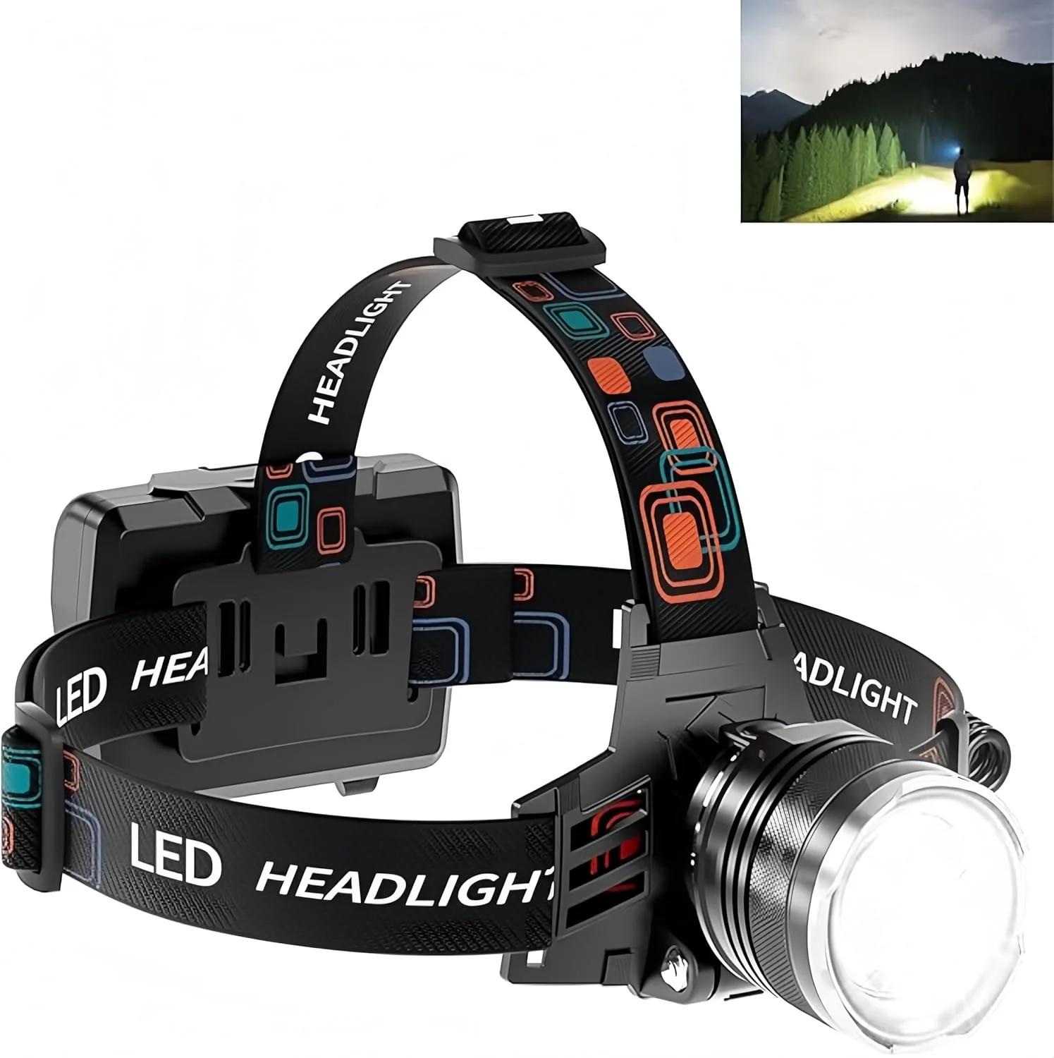 چراغ پیشانی Kequsprk، چراغ سر LED قابل شارژ USB، چراغ قوه پیشانی فوق العاده روشن LUMINUS و نور قرمز، چراغ جلو زوم دار برای بزرگسالان، قابل تنظیم 90 درجه برای کمپینگ، شکار، کوهنوردی (بدون باتری)