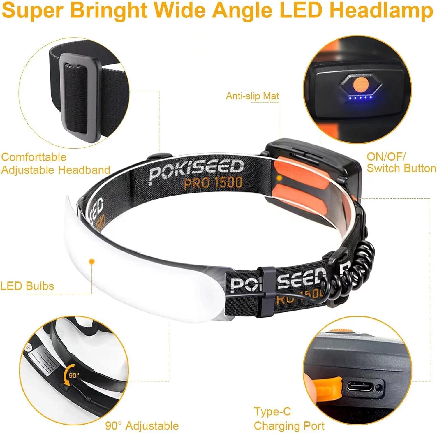 چراغ پیشانی LED شارژی POKISEED، فوق العاده روشن 1500 لومن با پرتو گسترده 220 درجه، 3 حالت ضد آب IPX6، چراغ پیشانی سبک وزن با چراغ عقب و گیره برای کمپینگ، دویدن، ماهیگیری، فضای باز، کار با کلاه ایمنی