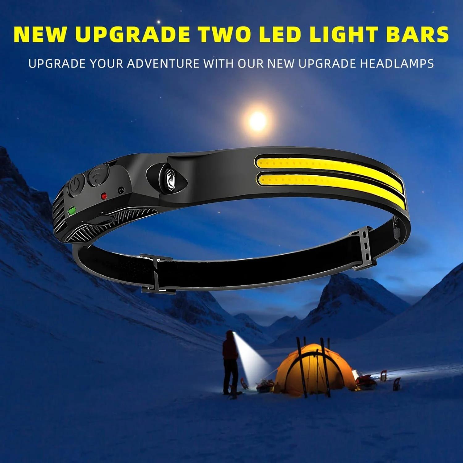 چراغ پیشانی LED شارژی 2 عددی - چراغ های پیشانی فوق العاده روشن 230 درجه COB برای پیشانی، بند چراغ کلاه ایمنی برای بزرگسالان - چراغ قوه پیشانی USB برای فضای باز، کار، پیاده روی، دویدن، کمپینگ، لوازم ماهیگیری