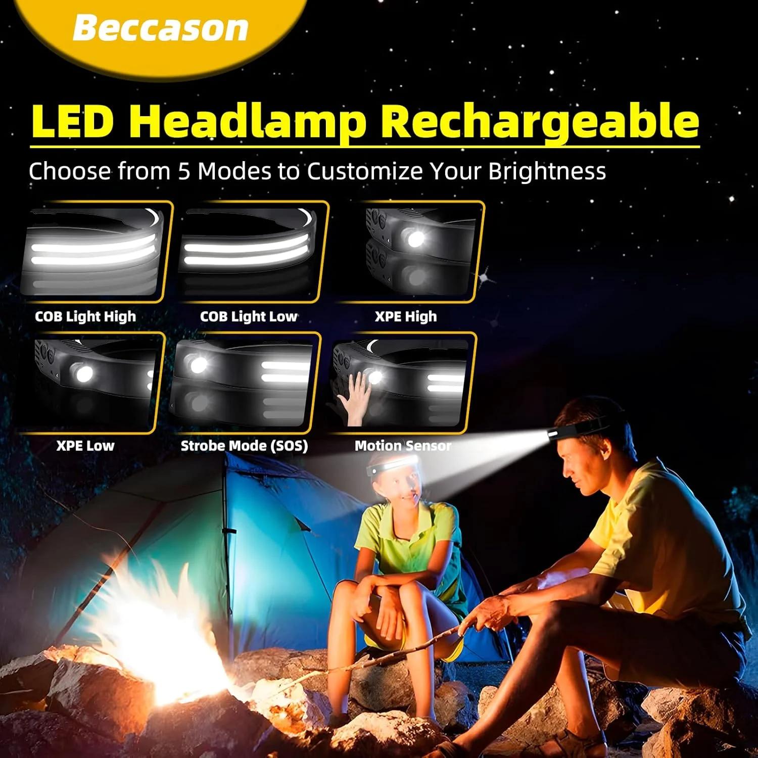 چراغ پیشانی LED شارژی 2 عددی - چراغ های پیشانی فوق العاده روشن 230 درجه COB برای پیشانی، بند چراغ کلاه ایمنی برای بزرگسالان - چراغ قوه پیشانی USB برای فضای باز، کار، پیاده روی، دویدن، کمپینگ، لوازم ماهیگیری