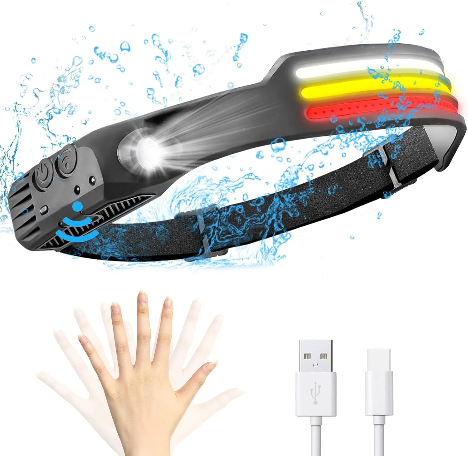 چراغ پیشانی I-SHUNFA، چراغ پیشانی با حسگرهای حرکتی، چراغ پیشانی با پرتو گسترده 230 درجه، 10 حالت نورپردازی سه رنگ، چراغ پیشانی با شارژ USB Type-C، مناسب برای دویدن در فضای باز، کمپینگ و پیاده‌روی