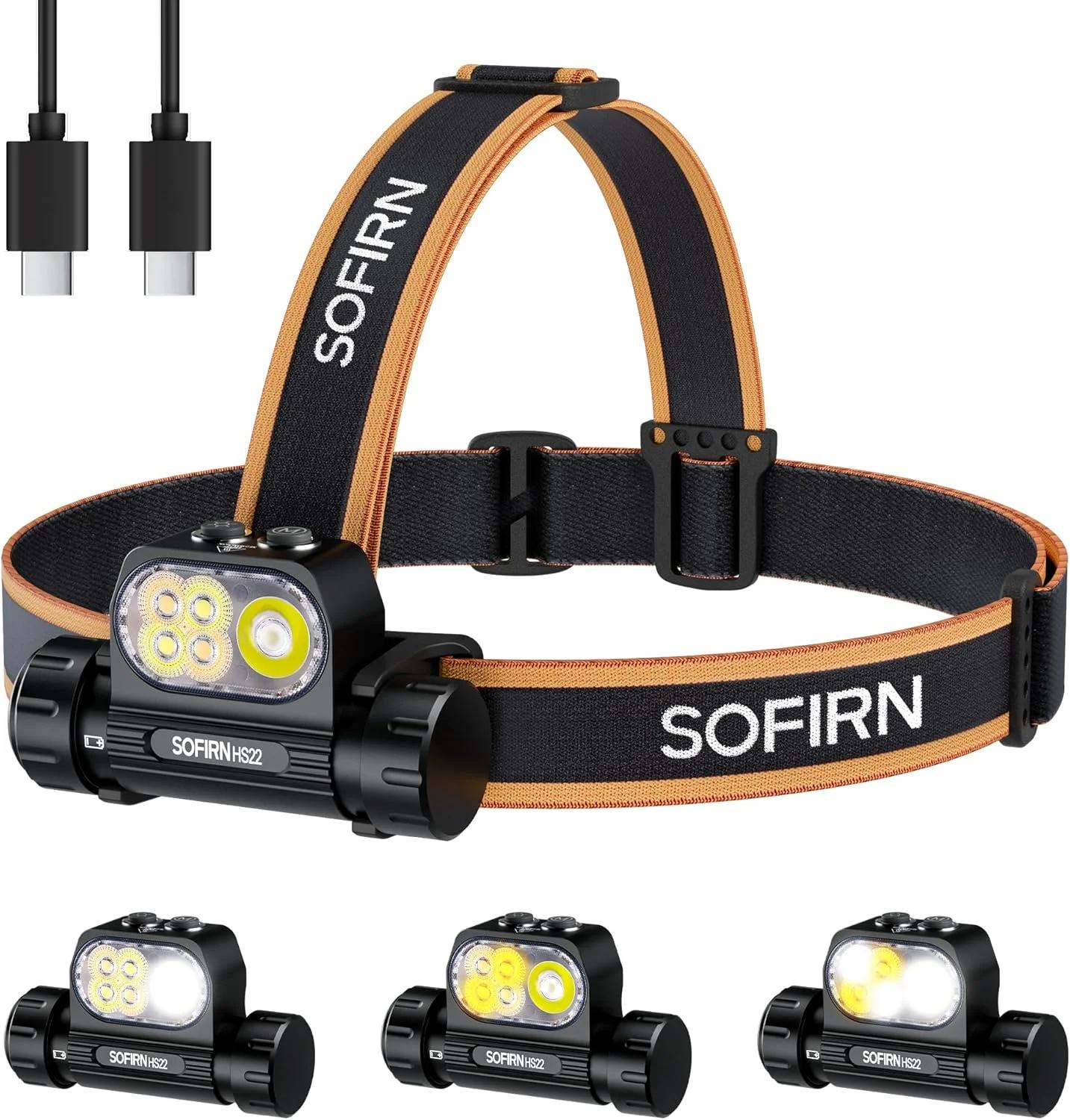 چراغ پیشانی شارژی Sofirn HS22 با 2500 لومن، کنترل دمای رنگ 2700K-6500K، چراغ پیشانی LED با روشنایی بالا با نورافکن و نور سیل، چراغ جلو ضد آب برای کمپینگ، دویدن، استفاده در فضای باز