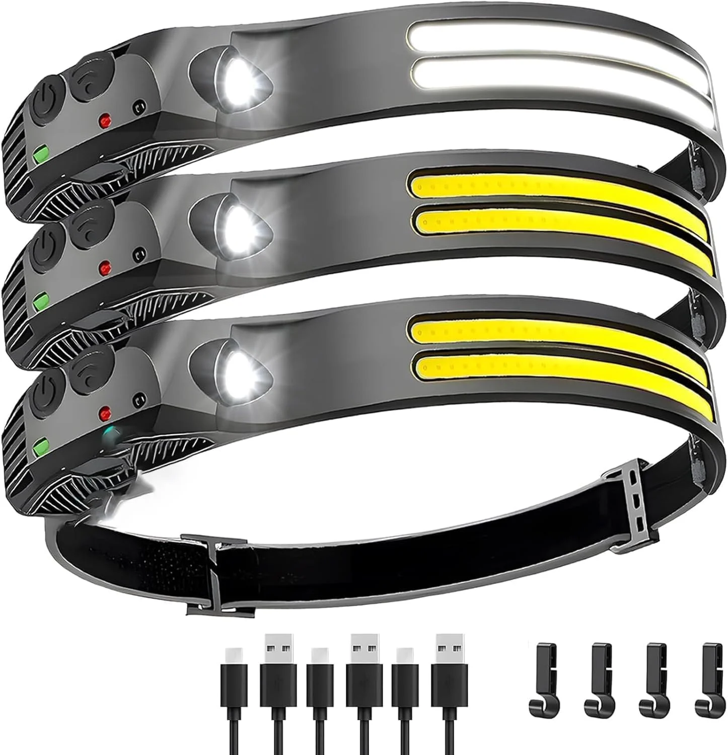 چراغ پیشانی LED شارژی 3 عددی، چراغ های پیشانی فوق العاده روشن 230 درجه برای پیشانی، چراغ کلاه ایمنی با سنسور حرکتی، چراغ قوه پیشانی USB C ضد آب برای کار، پیاده روی، دویدن، لوازم ضروری کمپینگ