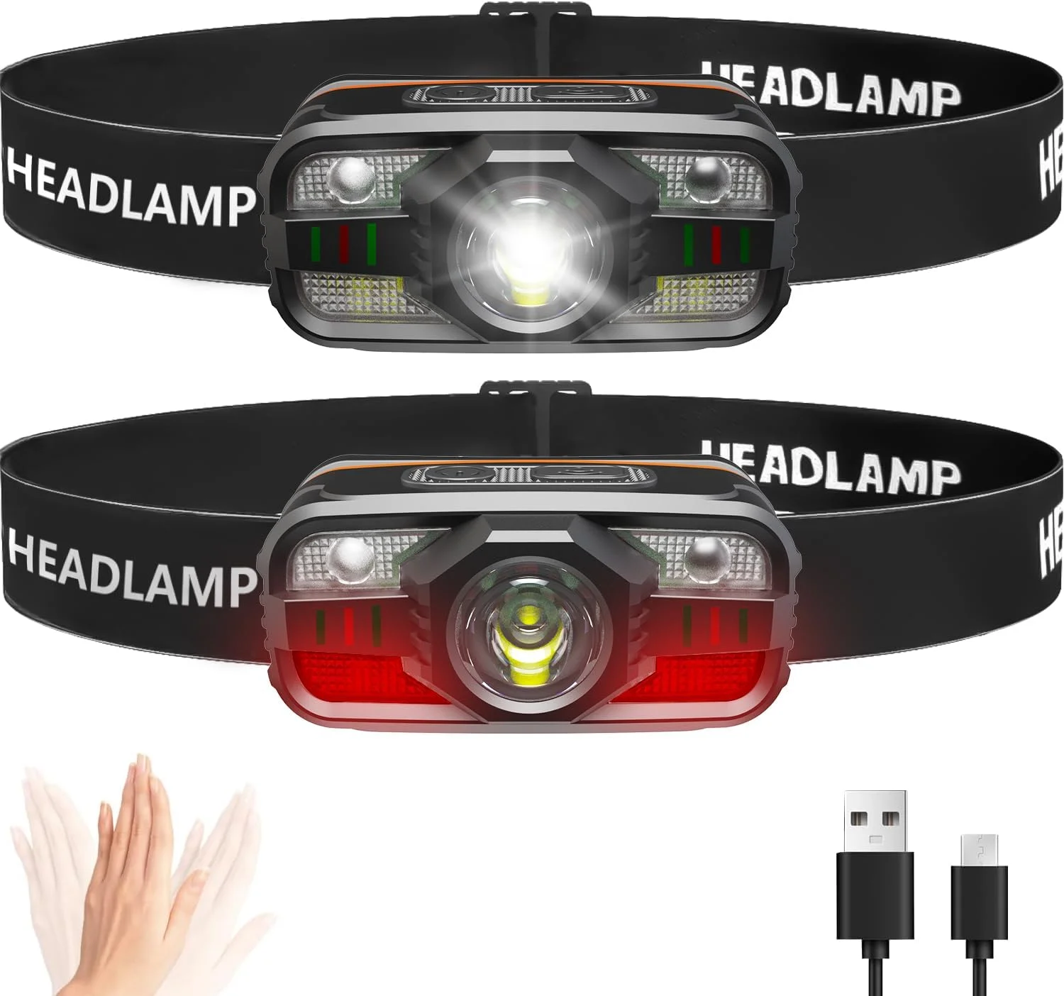 چراغ پیشانی شارژی، چراغ جلو LED فوق العاده روشن، 11 حالت نور، با چراغ هشدار قرمز، کنترل حسگر، چراغ پیشانی سبک و ضد آب، مناسب برای دویدن، کمپینگ و غیره (2 عدد)