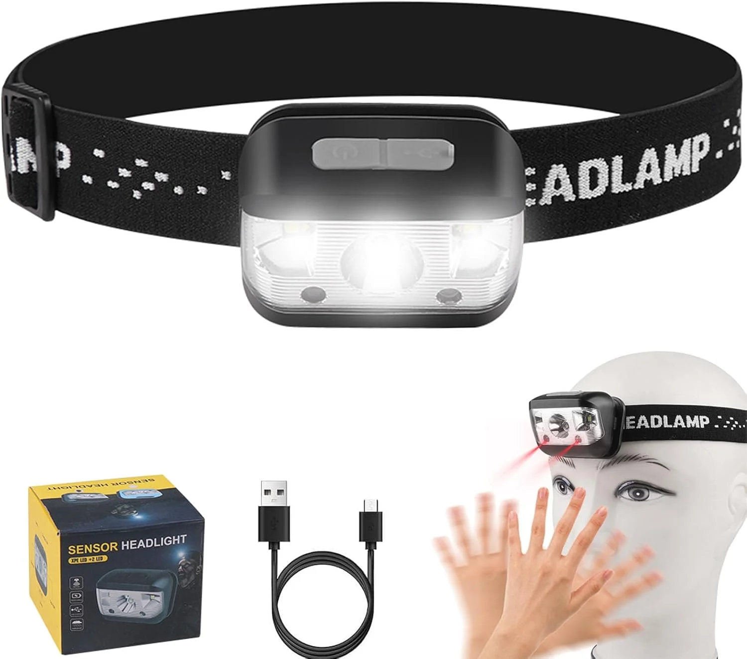 چراغ پیشانی 3000 لومن فوق العاده روشن LED قابل شارژ USB، حسگر حرکتی ضد آب قابل تنظیم، مناسب برای کمپینگ در فضای باز، دویدن، دوچرخه سواری، ماهیگیری هنگام استفاده