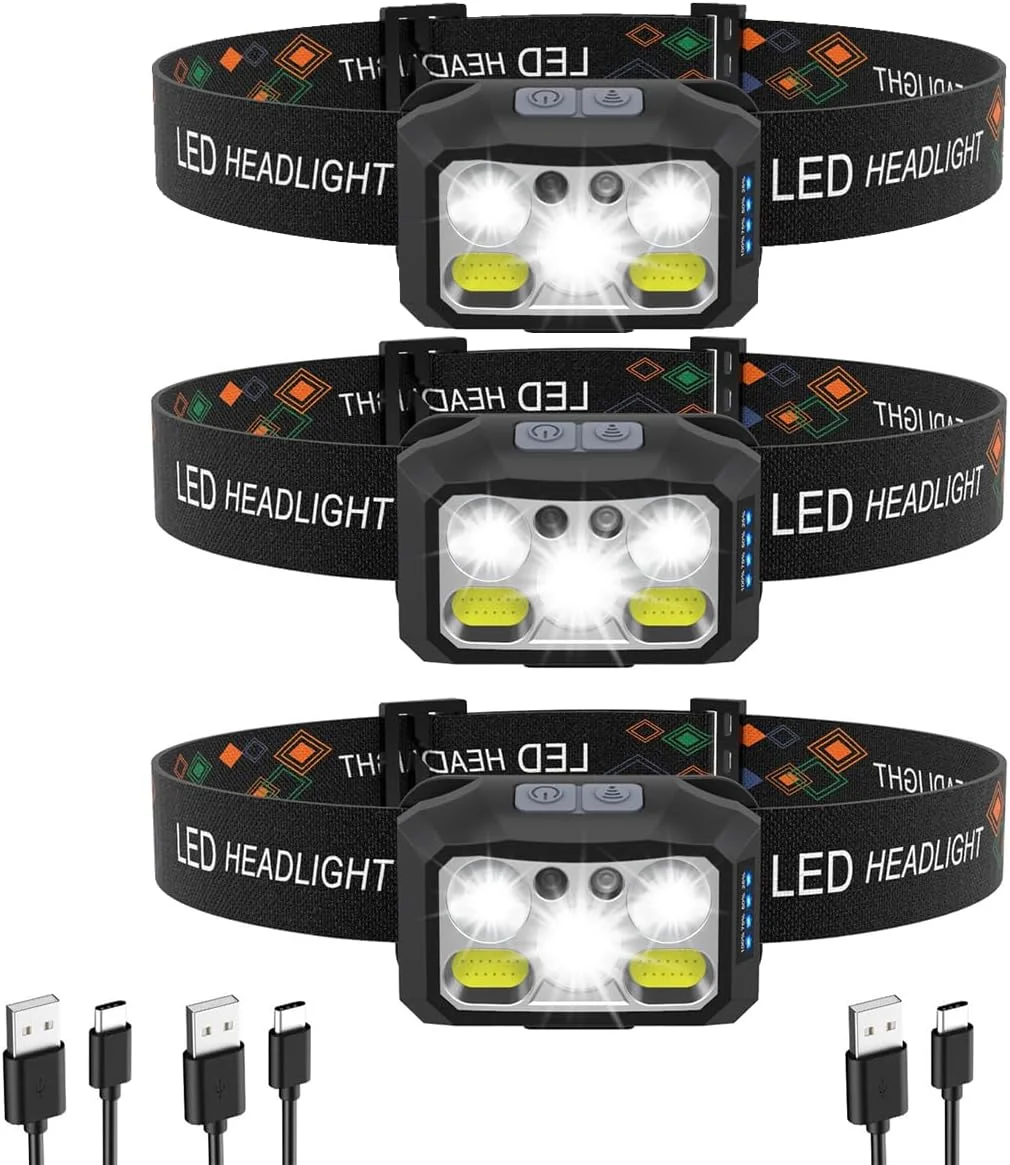 3 عدد چراغ پیشانی LED فوق العاده روشن 1200 لومن، چراغ جلو قابل شارژ USB-C با حسگر حرکتی، 6 حالت IPX4 ضد آب سبک وزن برای کمپینگ، پیاده روی، دویدن، ماهیگیری، دوچرخه سواری (مشکی)