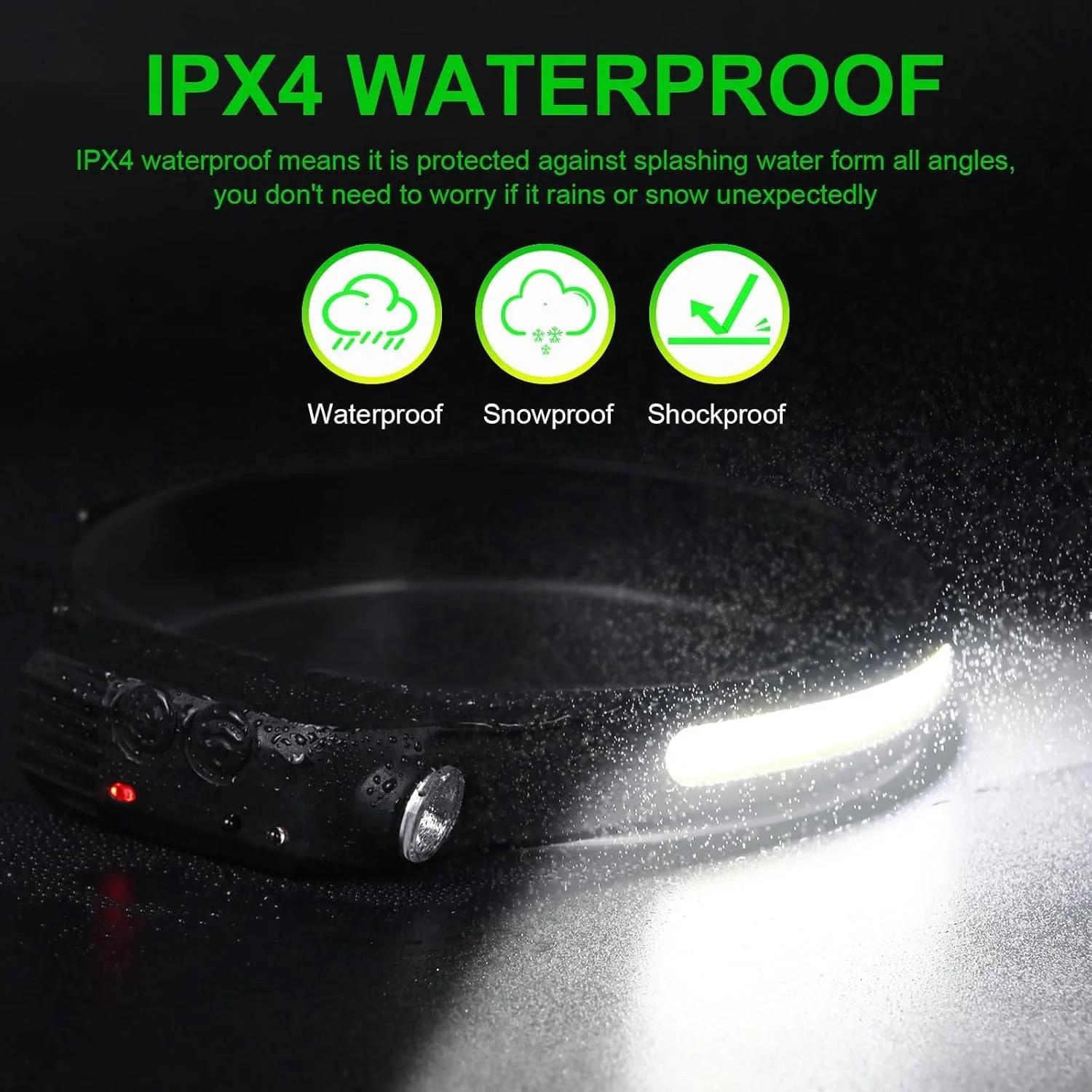 چراغ پیشانی LED شارژی، دارای 2 LED XPE و LED COB، حالت سنسور، پرتو گسترده 260 درجه، ضد آب IPX4، چراغ پیشانی شارژی برای کمپینگ و کار در شب در فضای باز