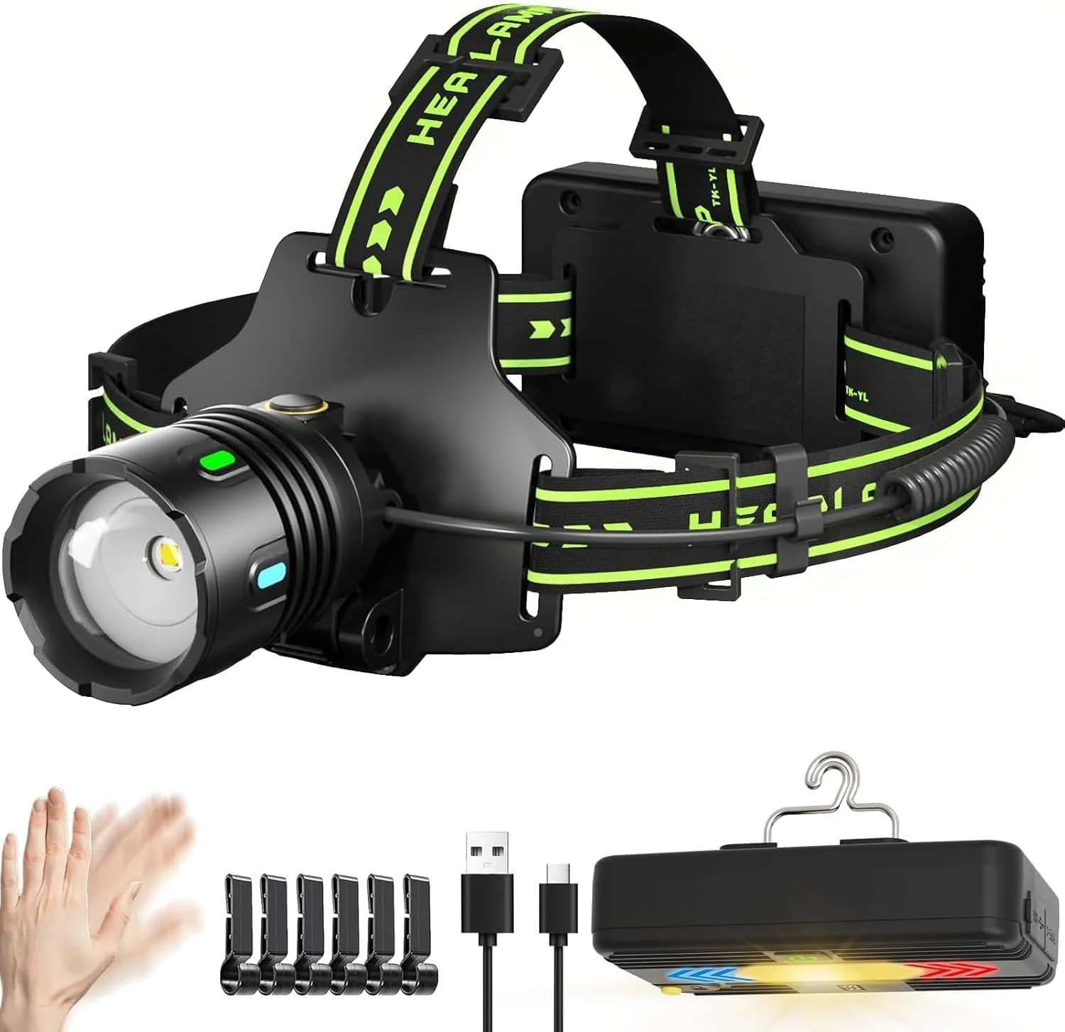 چراغ پیشانی 120000 لومن با عملکرد القایی، 11 حالت قابل تنظیم 90 درجه، عمر باتری طولانی 48 ساعته، چراغ سر LED زوم ضد آب IP67 برای کمپینگ در فضای باز، دویدن، شکار، تعمیر خودرو