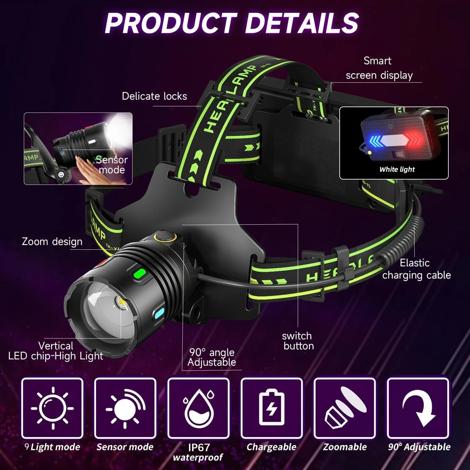 چراغ پیشانی 120000 لومن با عملکرد القایی، 11 حالت قابل تنظیم 90 درجه، عمر باتری طولانی 48 ساعته، چراغ سر LED زوم ضد آب IP67 برای کمپینگ در فضای باز، دویدن، شکار، تعمیر خودرو