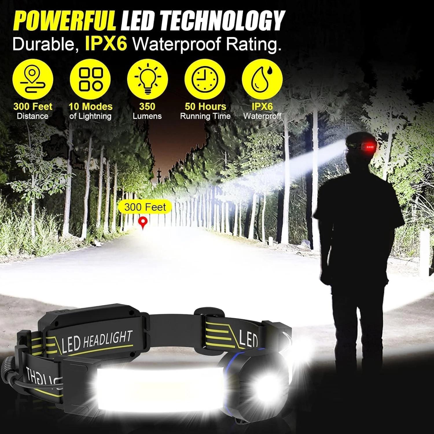 چراغ پیشانی LED، روشنایی 230 درجه، ضد آب Ipx6، چراغ پیشانی سبک وزن 10 حالته، چراغ قوه پیشانی، برای دویدن، پیاده روی، ماهیگیری، فضای باز، چراغ پیشانی فوق العاده روشن قابل شارژ، چراغ عقب قرمز