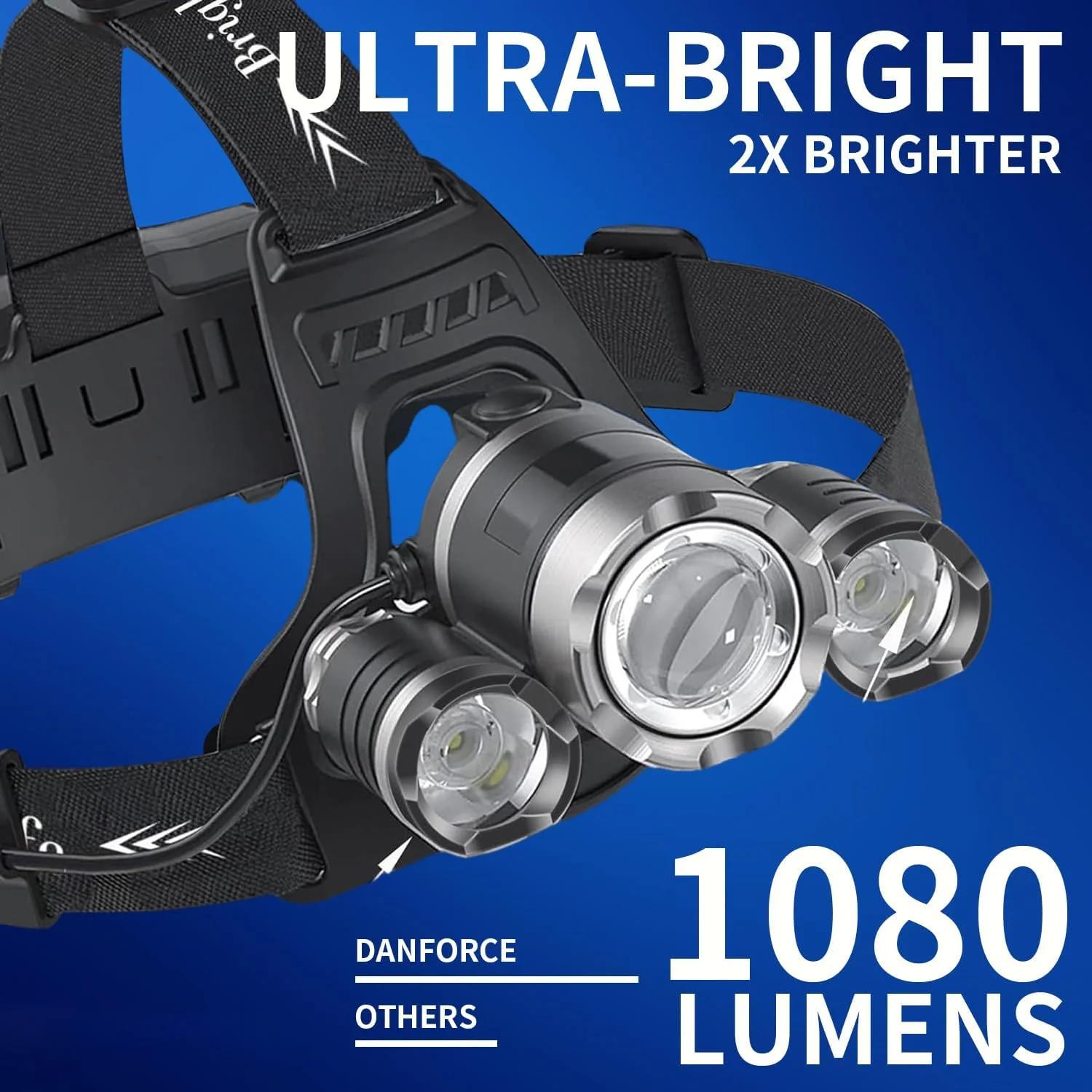 چراغ پیشانی Funito. چراغ پیشانی LED شارژی. چراغ قوه پیشانی فوق العاده روشن CREE 1080 لومن. چراغ پیشانی برای بزرگسالان، کمپینگ، فضای باز و چراغ کلاه ایمنی. چراغ جلو زوم شو IPX54