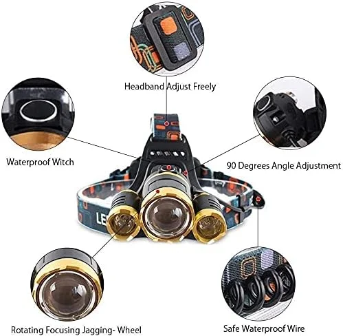 چراغ پیشانی ضد آب Fay Bless با 10000 لومن و 3 چراغ ال ای دی XML T6، چراغ پیشانی ال ای دی قدرتمند، چراغ قوه پیشانی قابل شارژ برای کمپینگ، پیاده روی، فضای باز (طلایی) (طلایی)