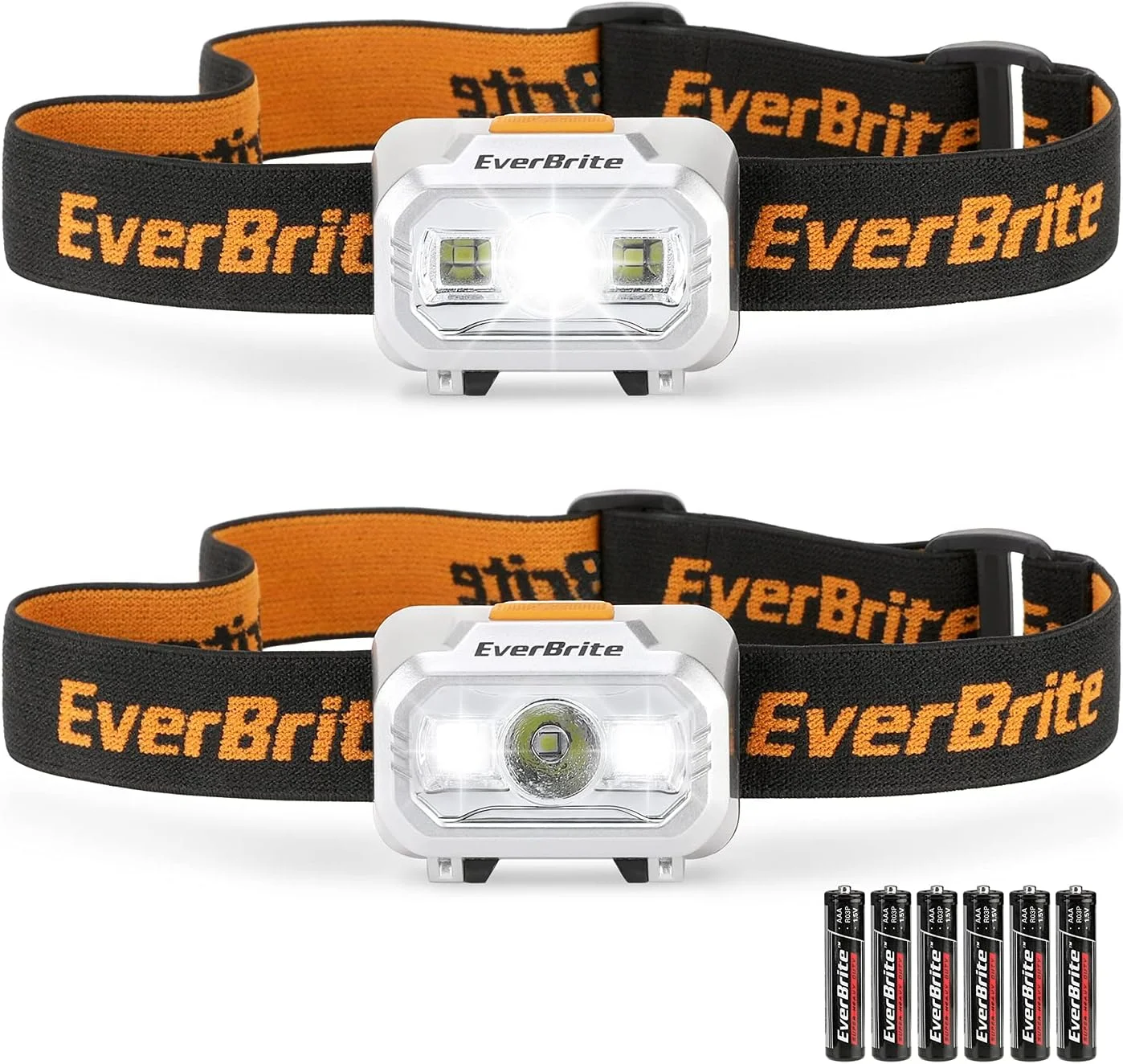 EverBrite LED Headlamp, 4 Lighting Modes, Pivoting Head with Adjustable Headband, IPX4 Water Resistant Perfect for Running, Camping and Hiking, 3 AAA Battery Powered(2 Pack)