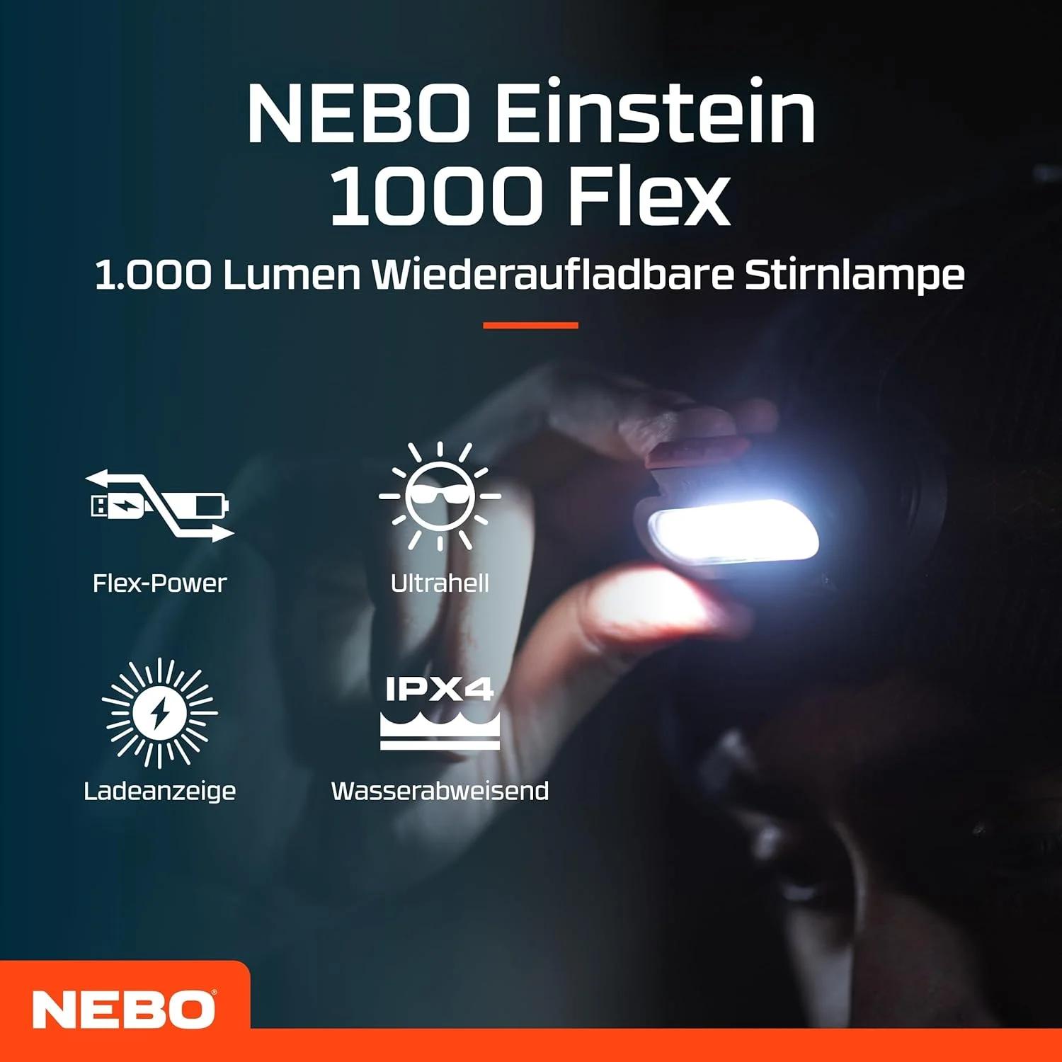 چراغ پیشانی انعطاف پذیر Nebo Einstein 1000 | مشکی، چراغ پیشانی قابل شارژ با 5 حالت نور، طراحی فشرده و سبک - تصویر 2 چراغ پیشانی انعطاف پذیر Nebo Einstein 1000 | مشکی، چراغ پیشانی قابل شارژ با 5 حالت نور، طراحی فشرده و سبک - تصویر 2