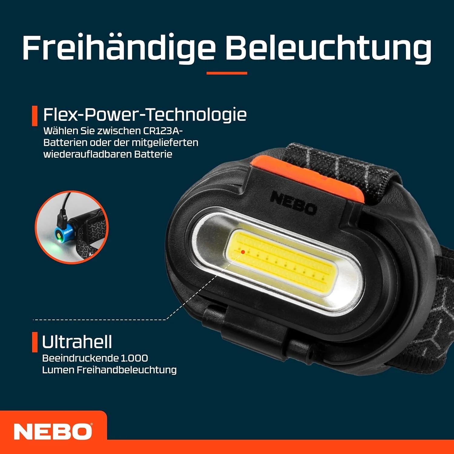 چراغ پیشانی انعطاف پذیر Nebo Einstein 1000 | مشکی، چراغ پیشانی قابل شارژ با 5 حالت نور، طراحی فشرده و سبک - تصویر 3 چراغ پیشانی انعطاف پذیر Nebo Einstein 1000 | مشکی، چراغ پیشانی قابل شارژ با 5 حالت نور، طراحی فشرده و سبک - تصویر 3