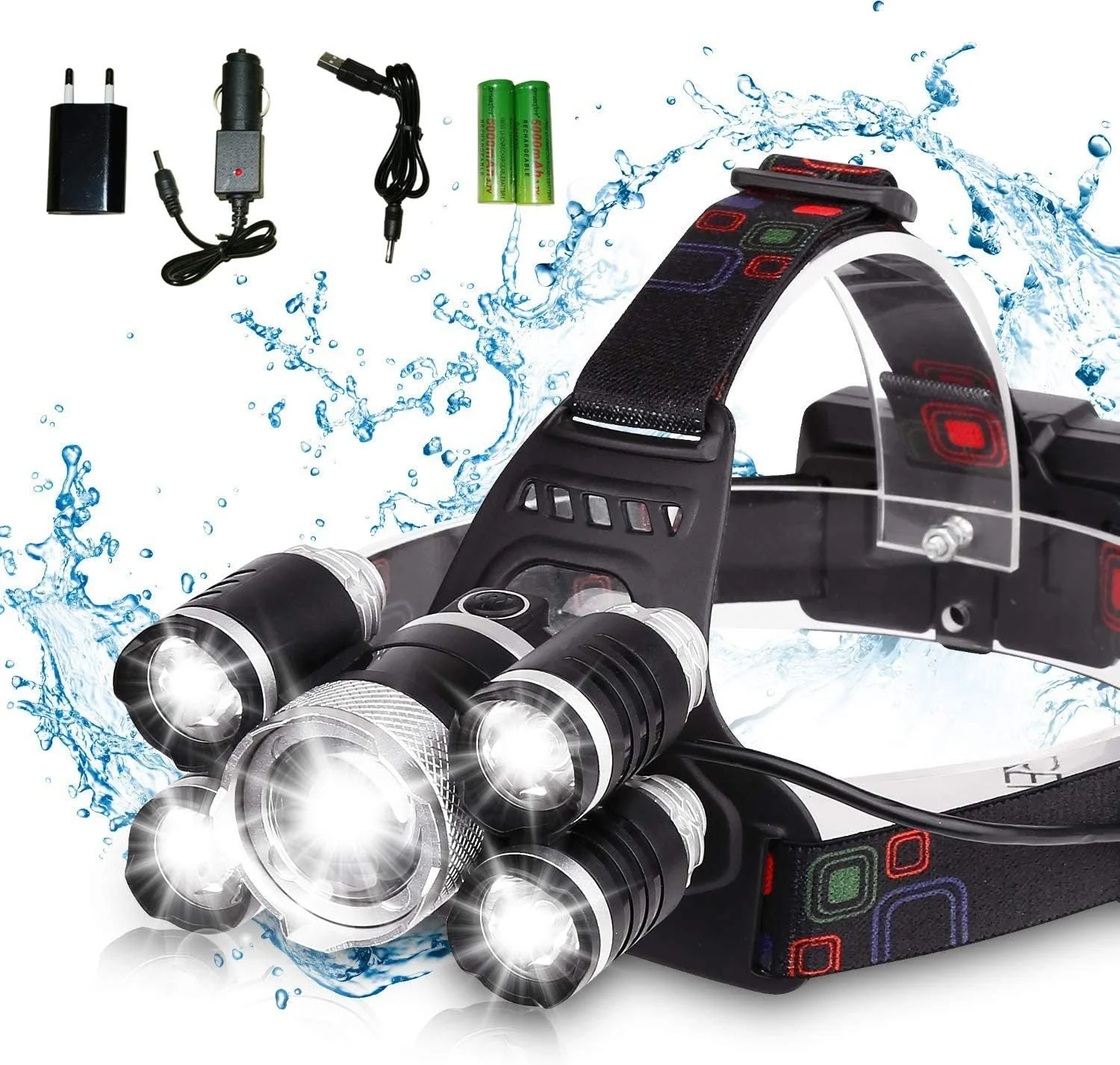 چراغ پیشانی ضدآب DELEE با 12000 لومن و 5 ال ای دی XML T6+4Q5، چراغ پیشانی قدرتمند LED، چراغ قوه پیشانی قابل شارژ برای کمپینگ، پیاده روی (شامل 2 عدد باتری قابل شارژ 18650)