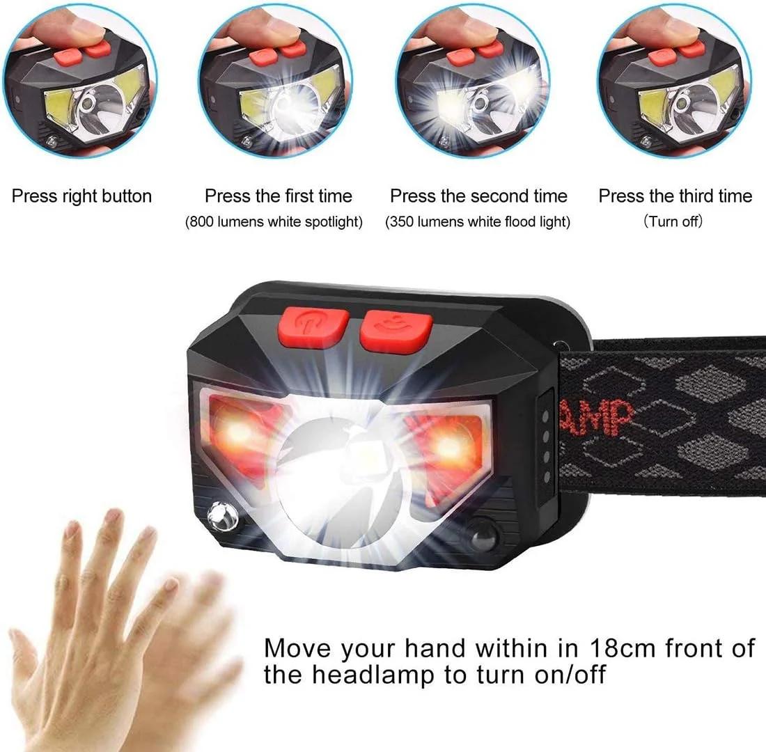 چراغ پیشانی LED قابل شارژ DELFINO، 2 عدد هدلامپ USB، چراغ پیشانی LED COB فوق العاده روشن 800 لومن، ضد آب IPX45 برای دویدن، کمپینگ، پیاده روی، کوهنوردی، کودکان - تصویر 3