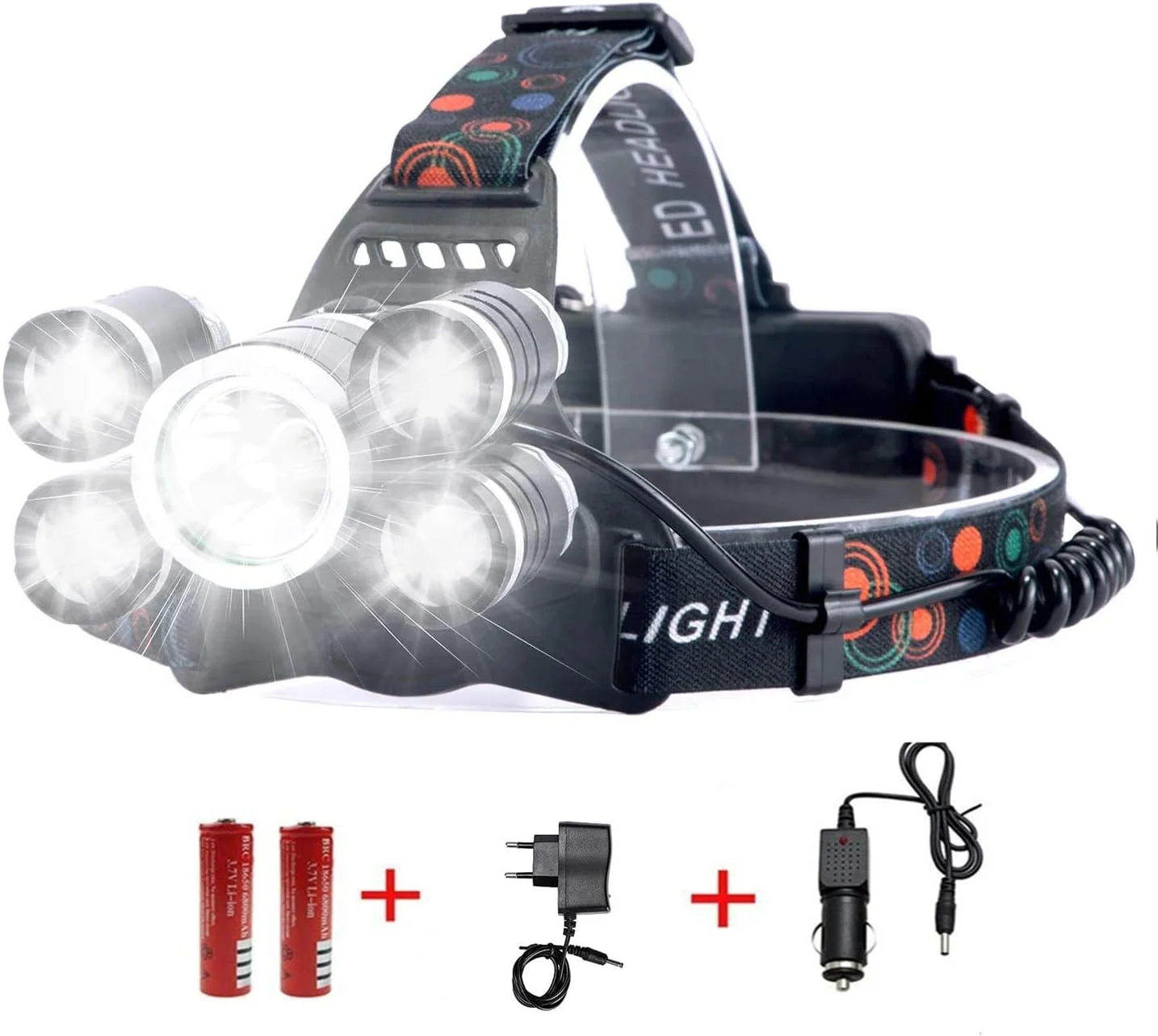 چراغ پیشانی ضدآب DELEE با 12000 لومن و 5 ال ای دی XML T6+4Q5، چراغ پیشانی قدرتمند LED، چراغ قوه پیشانی قابل شارژ برای کمپینگ، پیاده روی (شامل 2 عدد باتری قابل شارژ 18650)