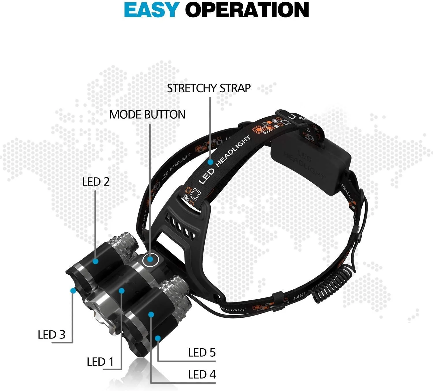 چراغ پیشانی ضدآب DELEE با 12000 لومن و 5 ال ای دی XML T6+4Q5، چراغ پیشانی قدرتمند LED، چراغ قوه پیشانی قابل شارژ برای کمپینگ، پیاده روی (شامل 2 عدد باتری قابل شارژ 18650)