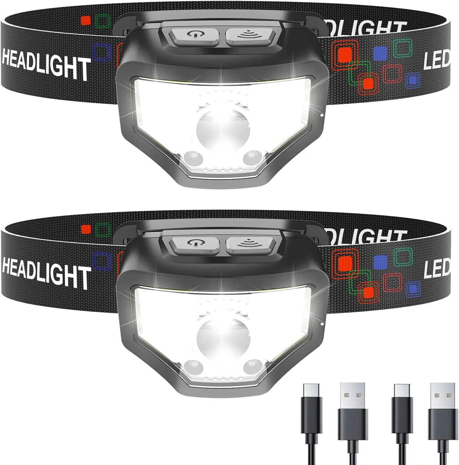چراغ پیشانی شارژی Curtsod، بسته 2 عددی، 1200 لومن فوق العاده روشن با چراغ قوه LED سفید و قرمز، 12 حالت، سنسور حرکتی، ضد آب، مناسب ماهیگیری در فضای باز، کمپینگ، دویدن و دوچرخه سواری