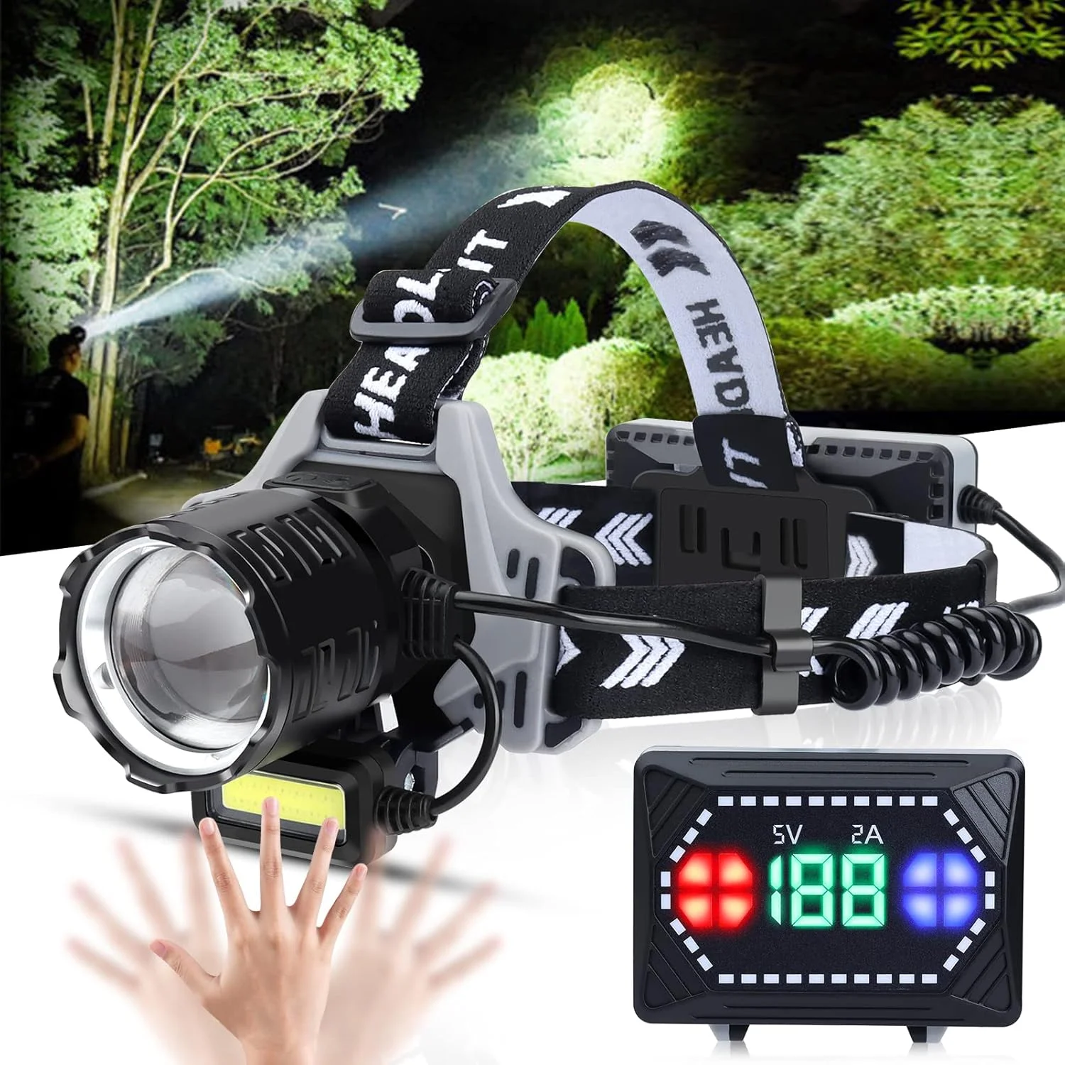 چراغ پیشانی LED شارژی Bud K، چراغ قوه پیشانی فوق العاده روشن 6000 لومن با سنسور حرکتی، 8 حالت، قابل تنظیم 135 درجه، چراغ سر ضد آب IPX7 برای کمپینگ، دویدن، کوهنوردی، پیاده روی