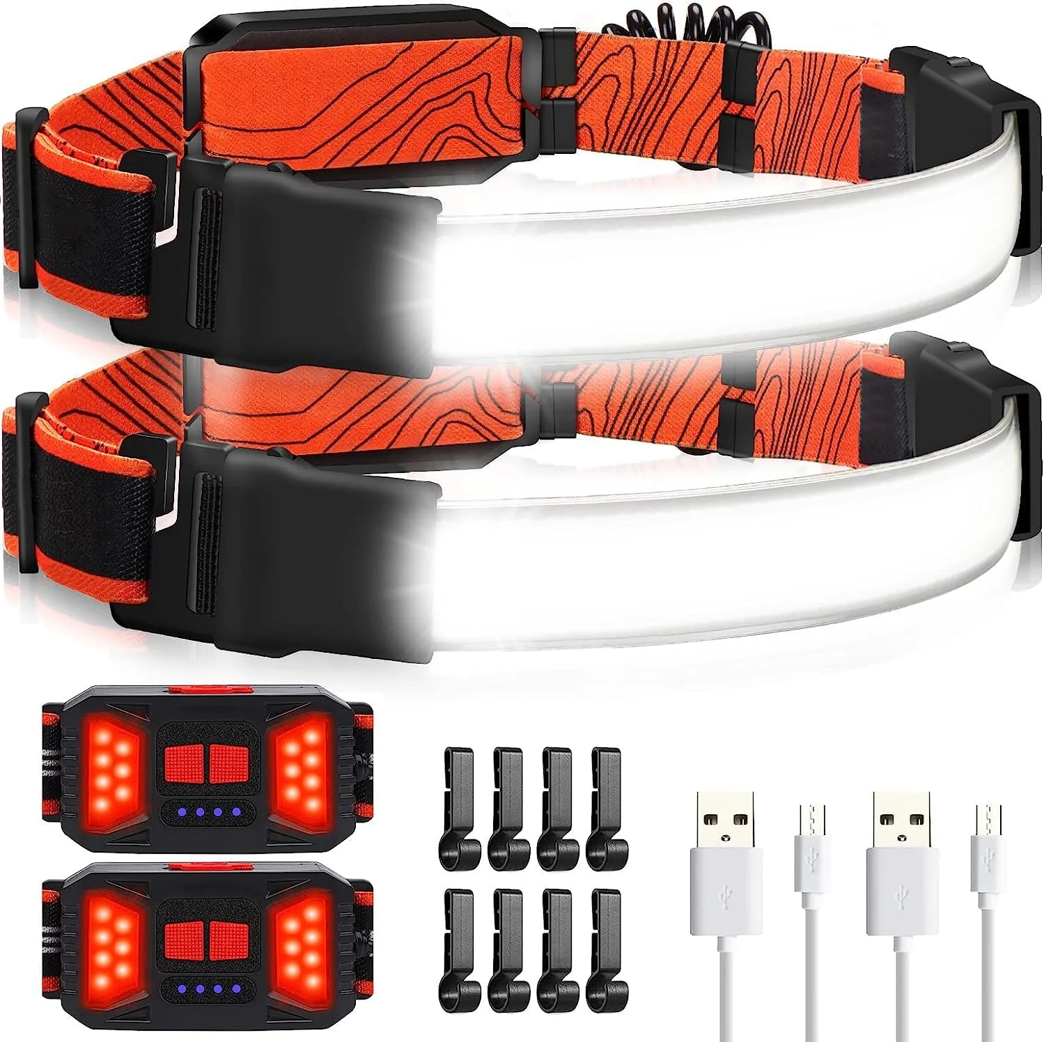 3Clock LED Headlamp Flashlight, 1000LM 230°Wide-Beam USB Rechargeable Head Light with Taillight(Individual Control) & 8 Clips Waterproof Headlight Headlamps for Running and Camping(2 Pack)