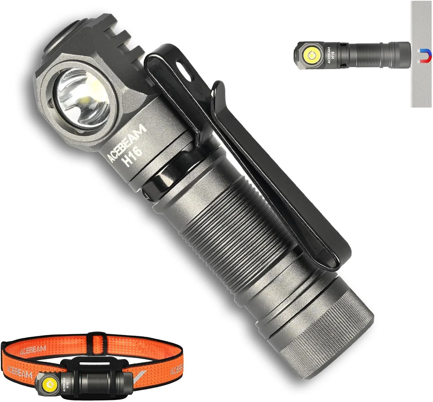 چراغ پیشانی شارژی ال ای دی ACEBEAM H16 با روشنایی 1000 لومن، چراغ قوه زاویه راست AA EDC با آهنربا، چراغ قوه کوچک جیبی با گیره برای کار، کمپینگ، دویدن، با کیت هدبند