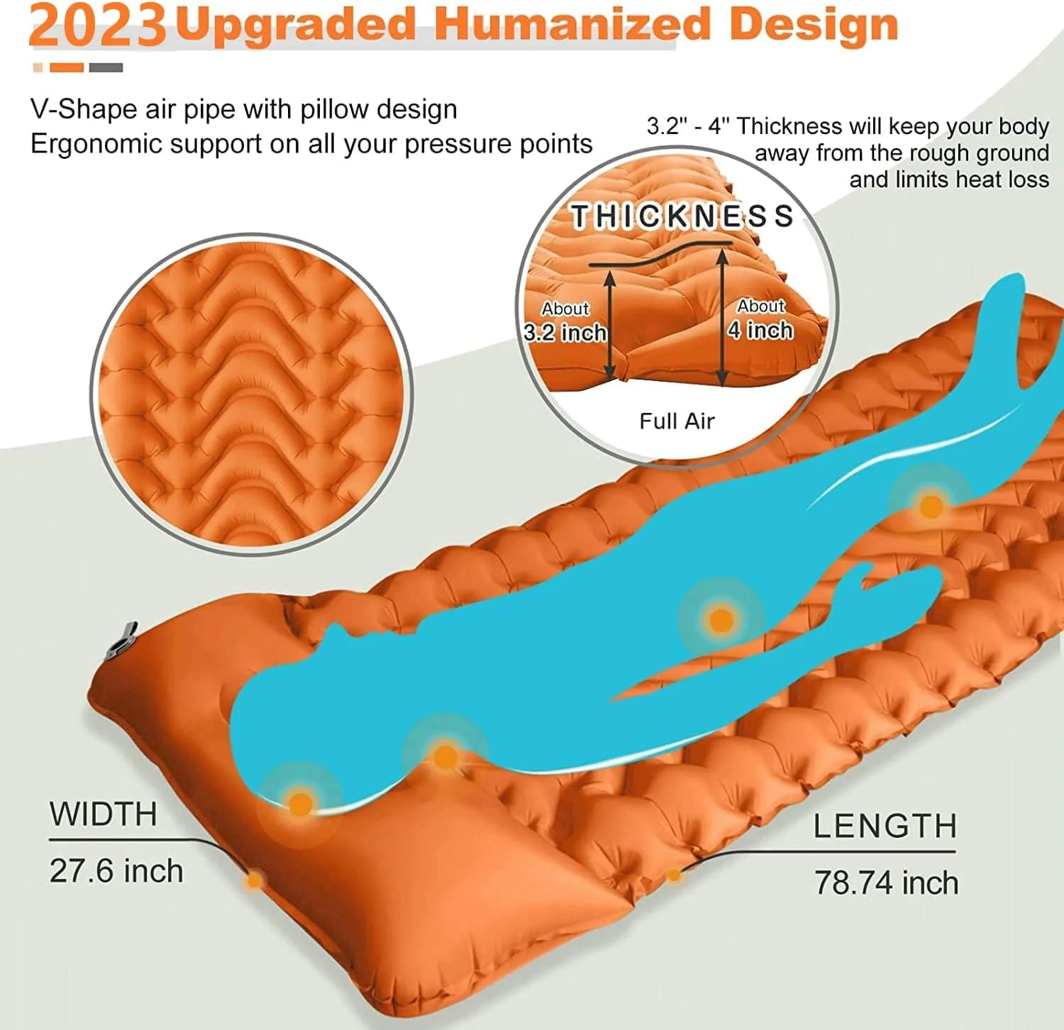 تشک بادی کمپینگ SKADE، ضخامت اضافی 9.9 سانتی متر، تشک خواب بادی با پمپ داخلی، تشک بادی کمپینگ فشرده، فوق سبک و ضد آب برای پیاده روی، چادر و مسافرت (نارنجی)