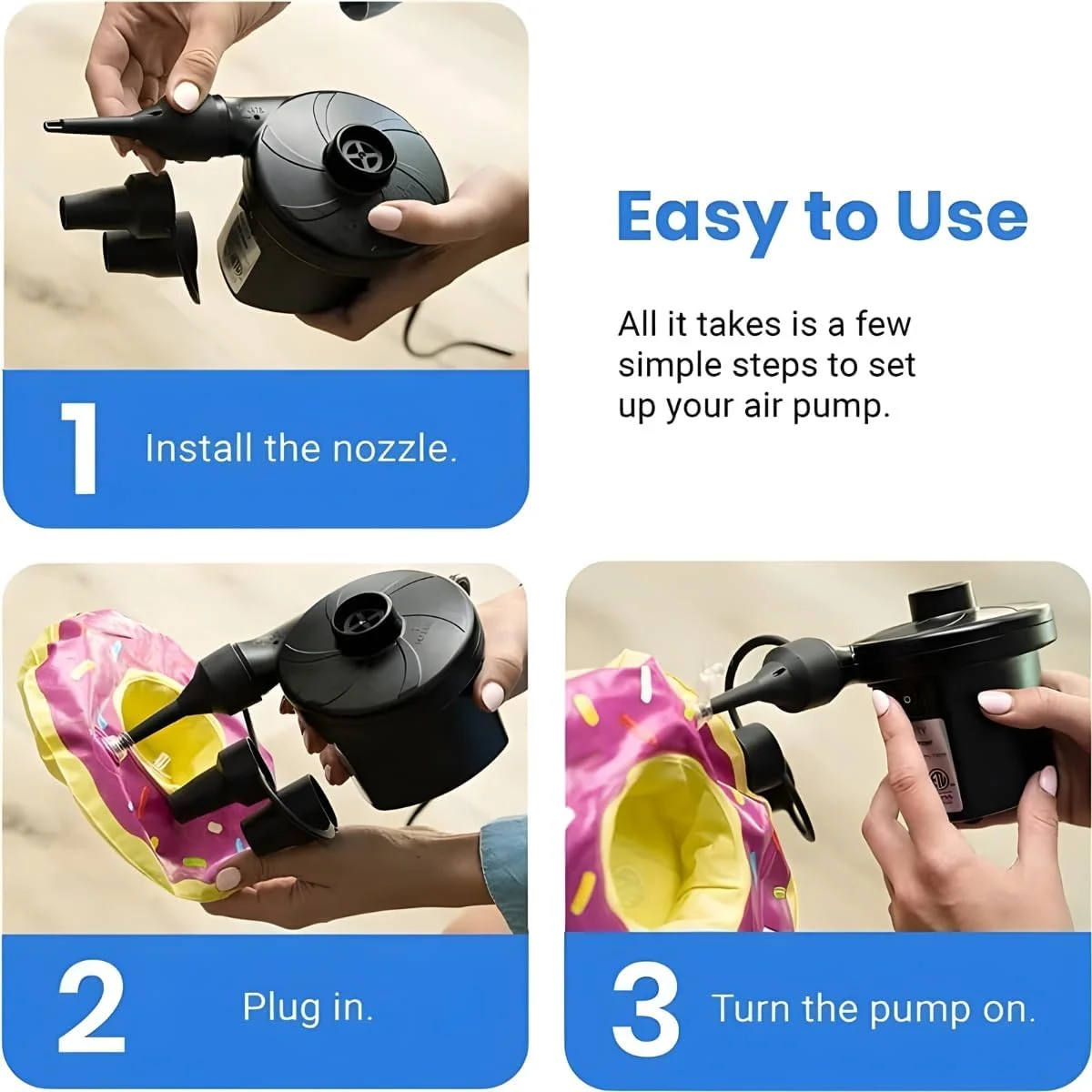 پمپ باد برقی قابل حمل برای وسایل بادی - پمپ تشک بادی فشار قوی AC/DC با 3 نازل - باد کننده و خالی کننده سریع برای شناورهای استخر، قایق ها، الوارها، تخت ها، لوازم کمپینگ