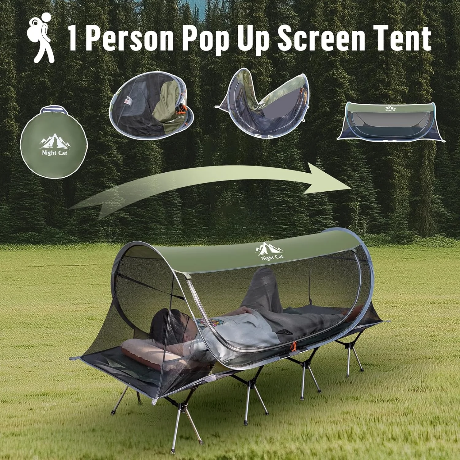 Night Cat Pop-up Mosquito Tent: 1 Person Camping Tent with Bug Screen Net Easy Set-up Tent Fits with Camping Cot (Exclueded) Night Cat Pop-up Mosquito Tent: 1 Person Camping Tent with Bug Screen Net Easy Set-up Tent Fits with Camping Cot (Exclueded)