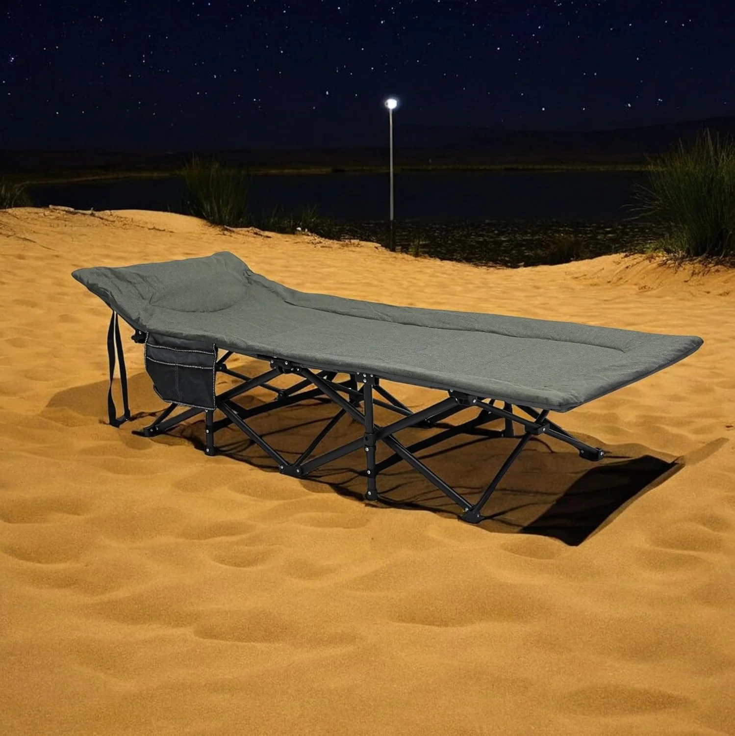 تخت تاشو سفری چند منظوره مبلمان خانگی MH-FB08 با کیفیت سنگین، پارچه توری و قاب فولادی، طول 185 سانتی متر به همراه جیب کناری برای استفاده در فضای باز و شرایط اضطراری .. خاکستری