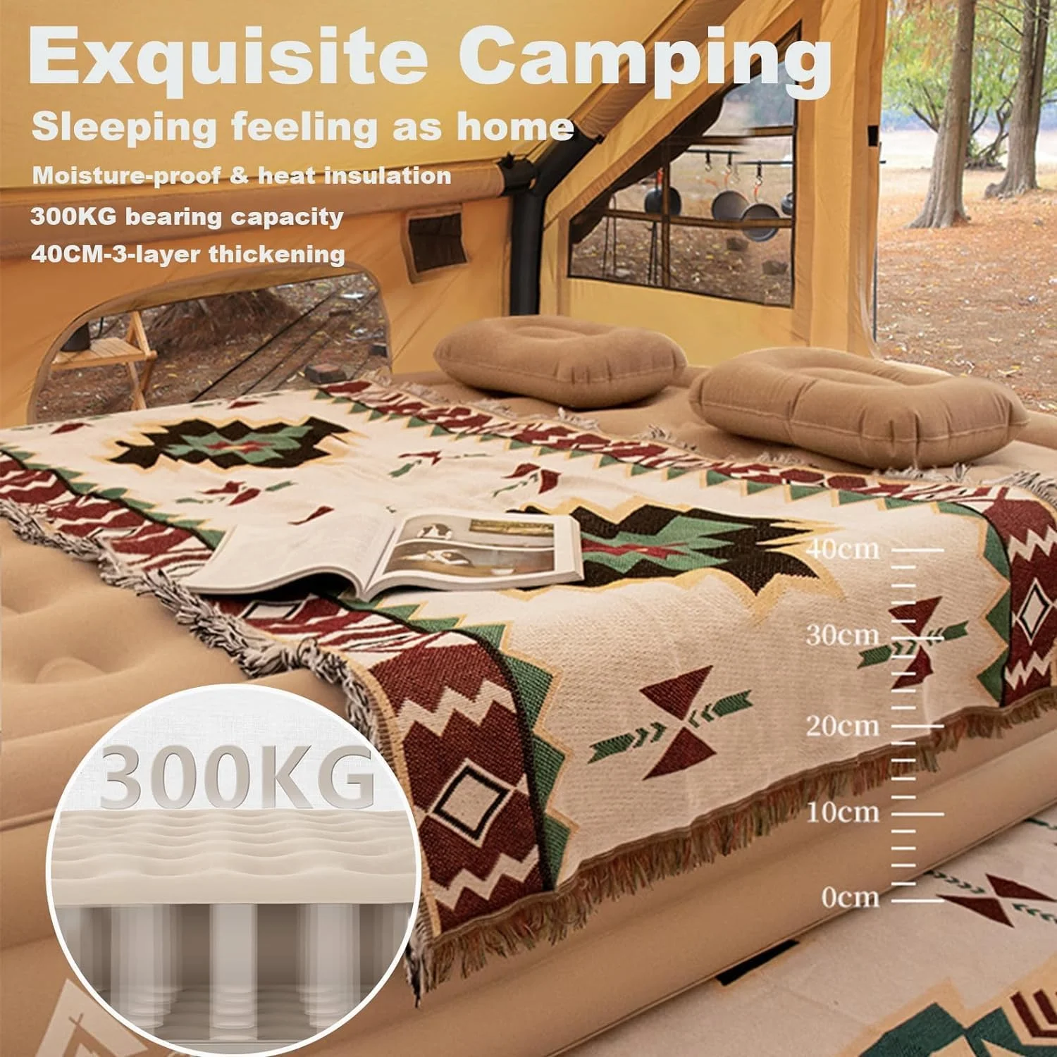 تخت بادی دو نفره سه لایه، تشک بادی با پمپ برقی داخلی، پد خواب، نوع رول آپ قابل حمل، تخت کمپینگ در فضای باز، مناسب برای استفاده در داخل خانه و کامیون یا سفرهای طولانی.