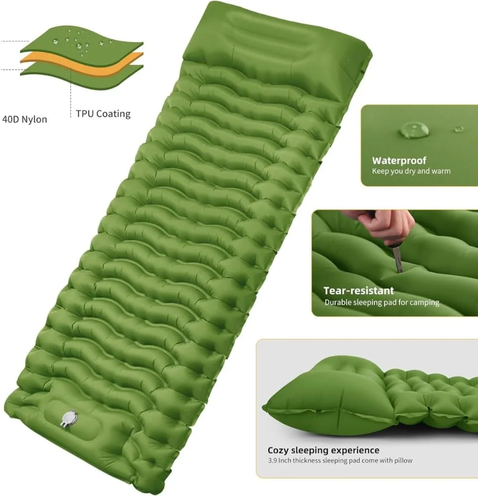 تشک بادی خود بادشو HEXAR® با پمپ پایی 190X64، تشک خواب تاشو با پمپ داخلی و بالش برای کمپینگ و پیاده روی، تشک بادی مقاوم - دارای کیف حمل، وصله تعمیر (سبز ارتشی)