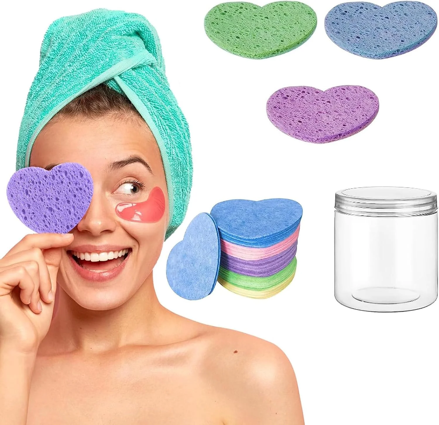 پدهای اسفنجی صورت ریان، اسفنج های قلبی برای صورت، اسفنج سلولزی طبیعی فشرده شده به شکل قلب برای پاکسازی، لایه برداری و پاک کردن آرایش صورت، اسفنج های فشرده، 50 عدد، رنگارنگ
